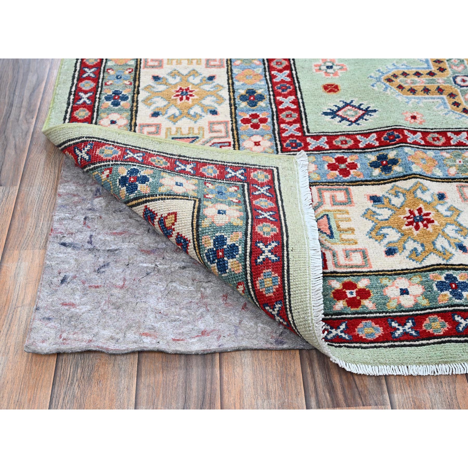 8'x9'10" Pistachio Green, Kazak with Geometric Medallions Design, Soft and Velvety Wool, Hand Knotted, Denser Weave, Vegetable Dyes, Oriental Rug Sh517
