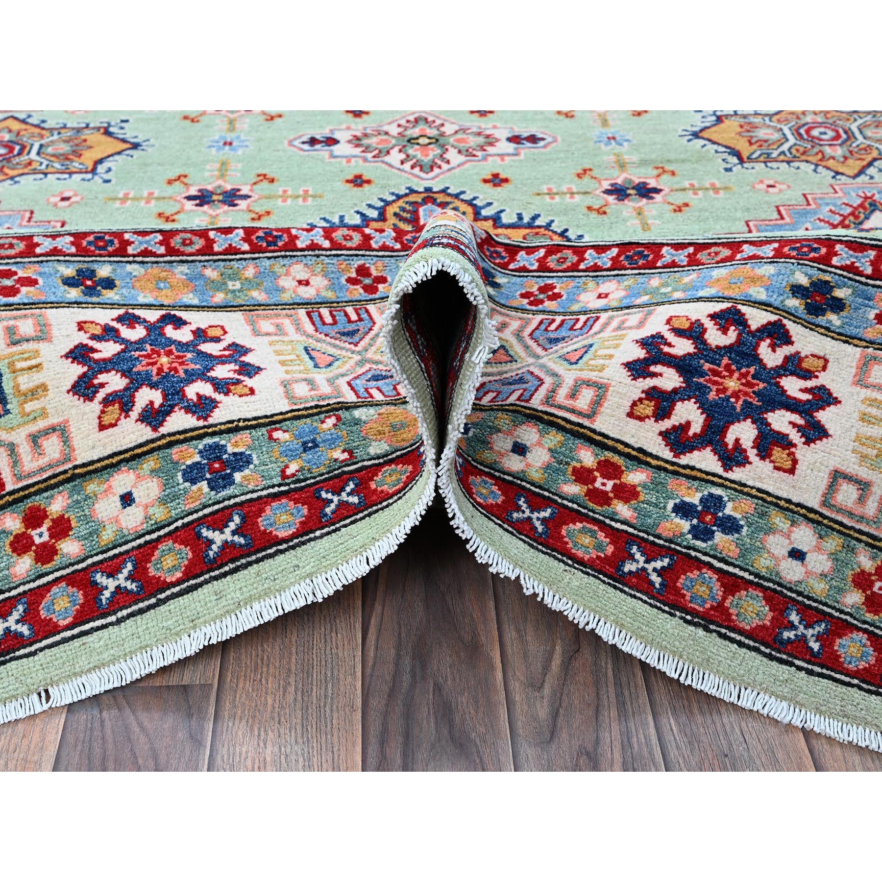 8'x9'10" Pistachio Green, Kazak with Geometric Medallions Design, Soft and Velvety Wool, Hand Knotted, Denser Weave, Vegetable Dyes, Oriental Rug Sh517