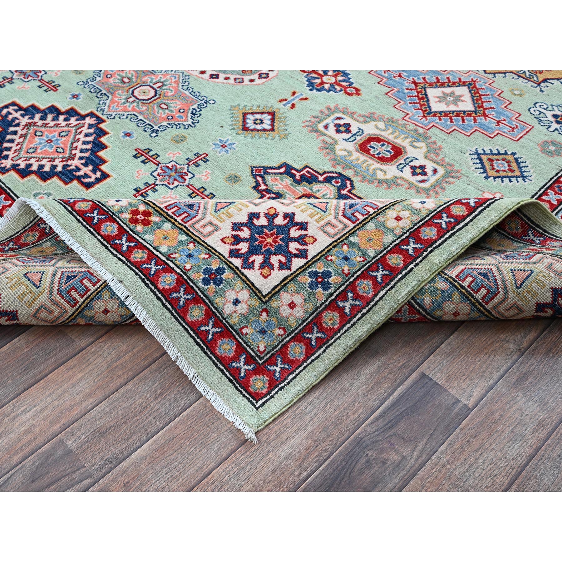 8'x9'10" Pistachio Green, Kazak with Geometric Medallions Design, Soft and Velvety Wool, Hand Knotted, Denser Weave, Vegetable Dyes, Oriental Rug Sh517