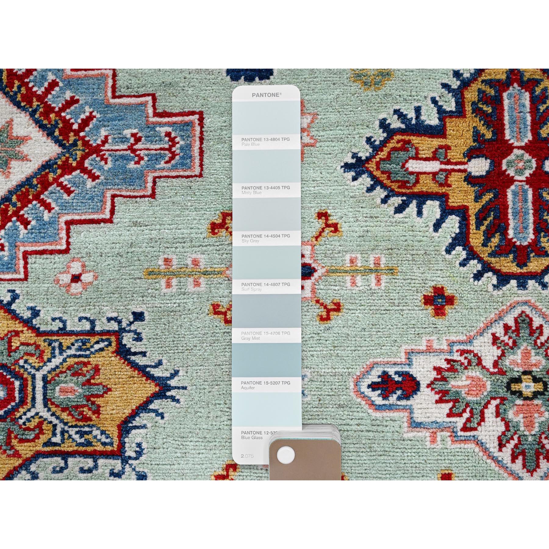 8'x9'10" Pistachio Green, Kazak with Geometric Medallions Design, Soft and Velvety Wool, Hand Knotted, Denser Weave, Vegetable Dyes, Oriental Rug Sh517