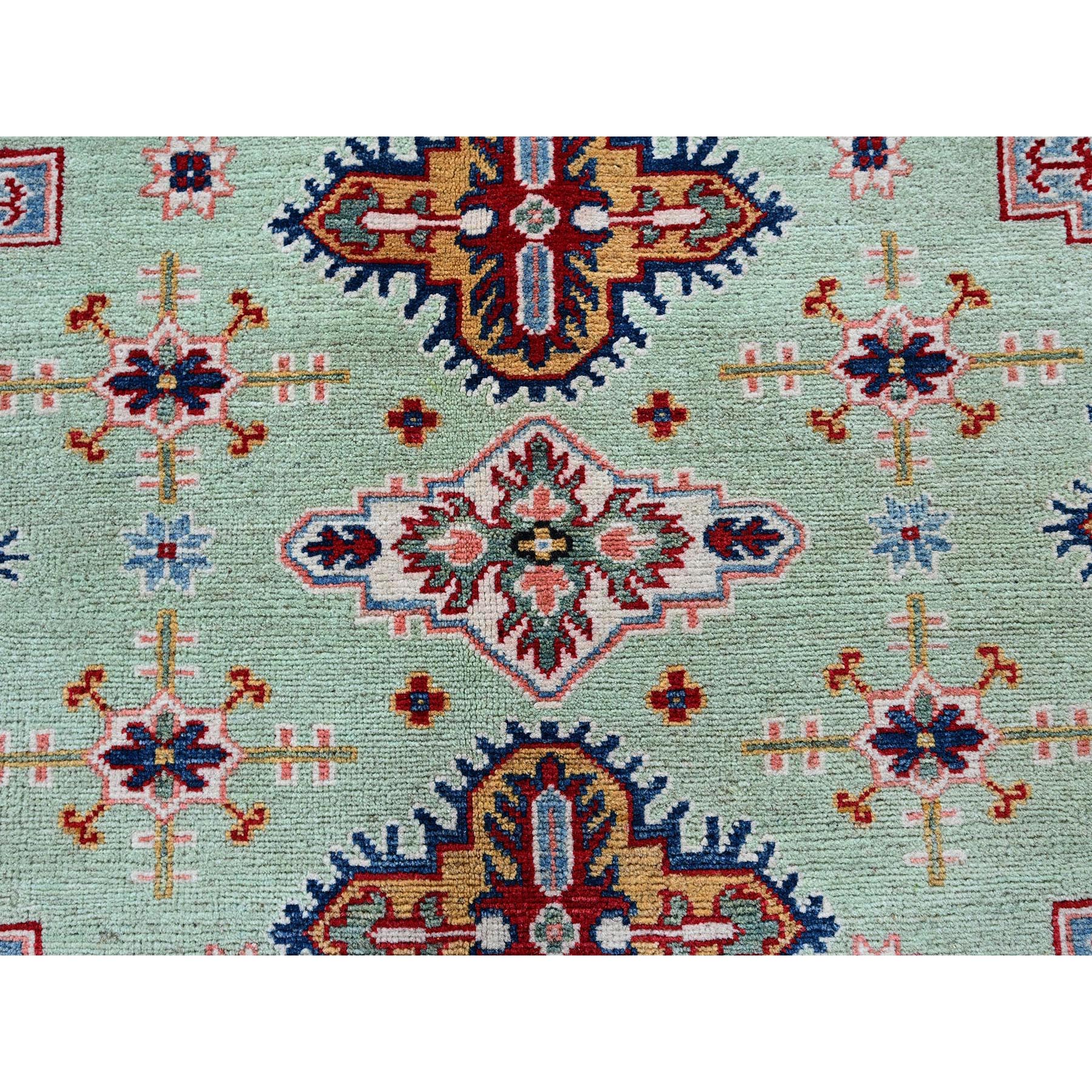 8'x9'10" Pistachio Green, Kazak with Geometric Medallions Design, Soft and Velvety Wool, Hand Knotted, Denser Weave, Vegetable Dyes, Oriental Rug Sh517