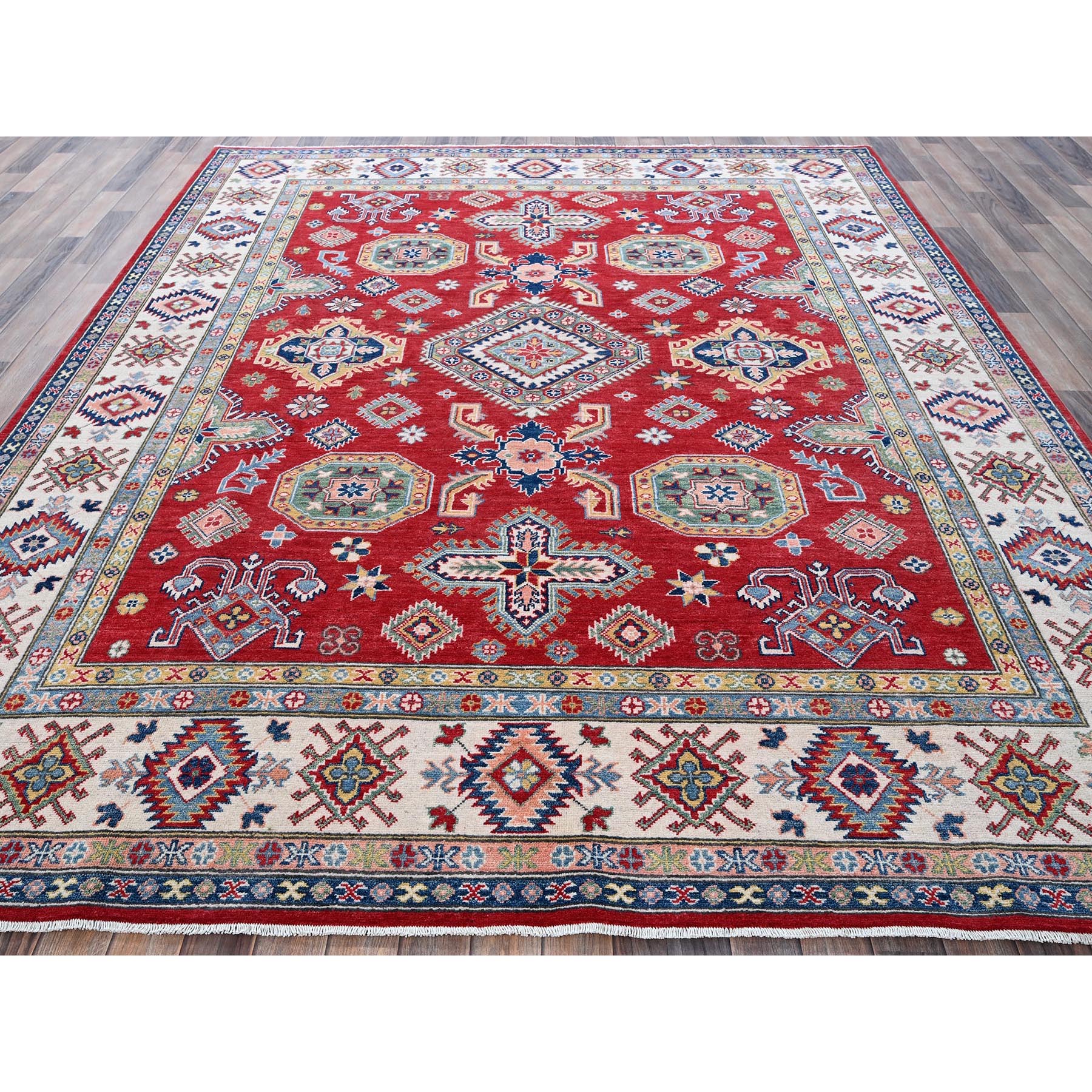 8'2"x10'2" Crimson Red, Kazak with Geometric Medallions Design, Soft and Velvety Wool, Hand Knotted, Denser Weave, Vegetable Dyes, Oriental Rug Sh518
