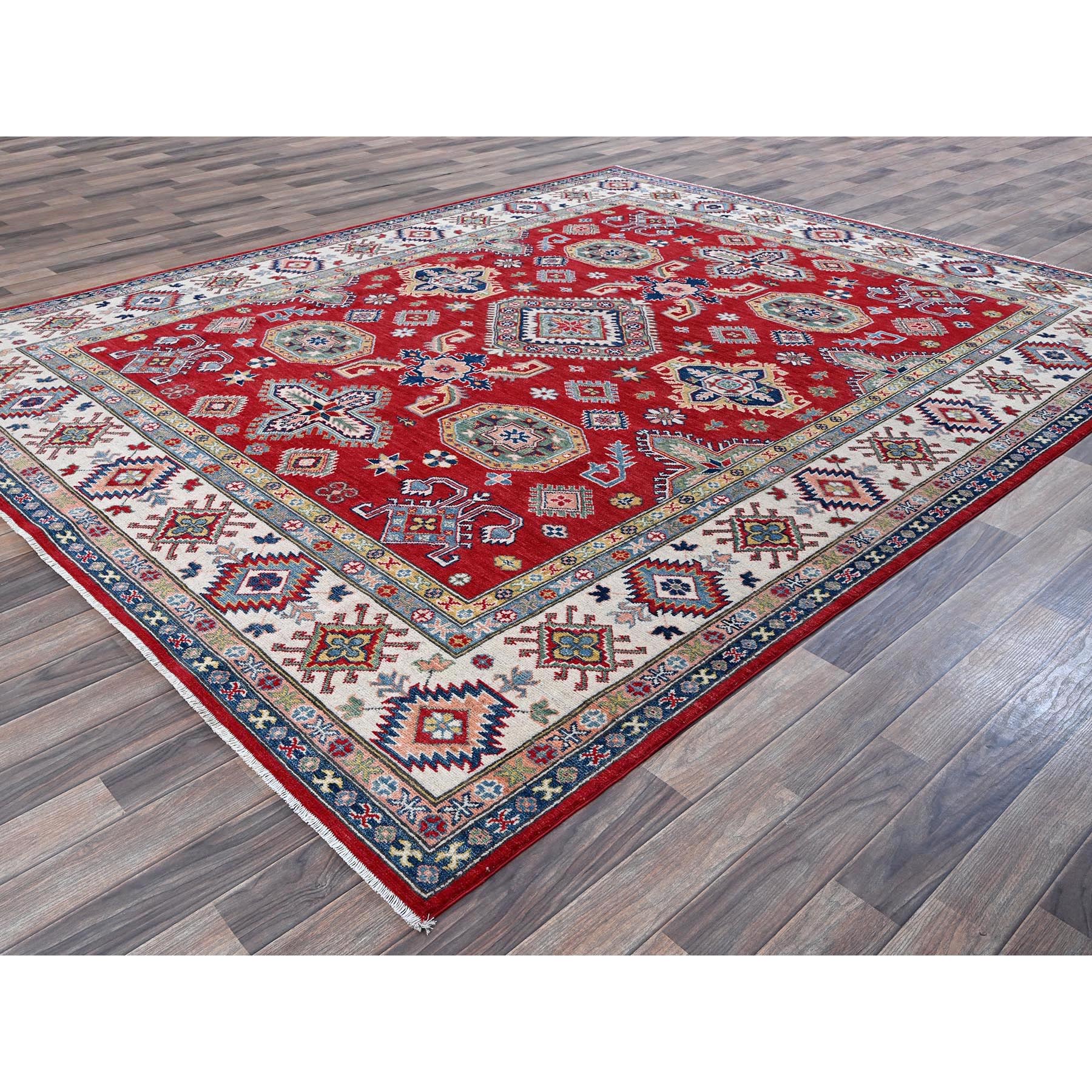 8'2"x10'2" Crimson Red, Kazak with Geometric Medallions Design, Soft and Velvety Wool, Hand Knotted, Denser Weave, Vegetable Dyes, Oriental Rug Sh518