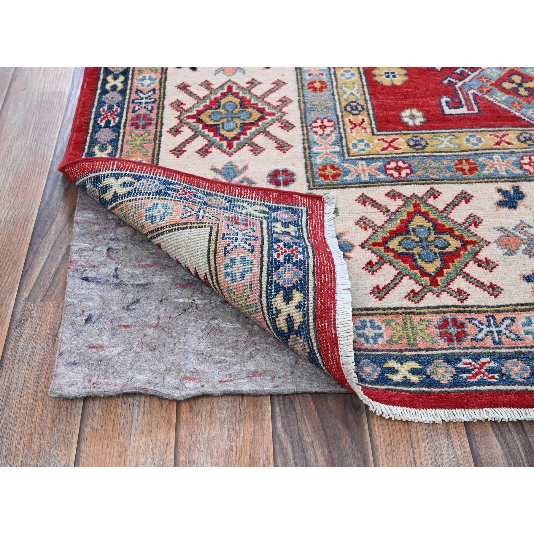 8'2"x10'2" Crimson Red, Kazak with Geometric Medallions Design, Soft and Velvety Wool, Hand Knotted, Denser Weave, Vegetable Dyes, Oriental Rug Sh518