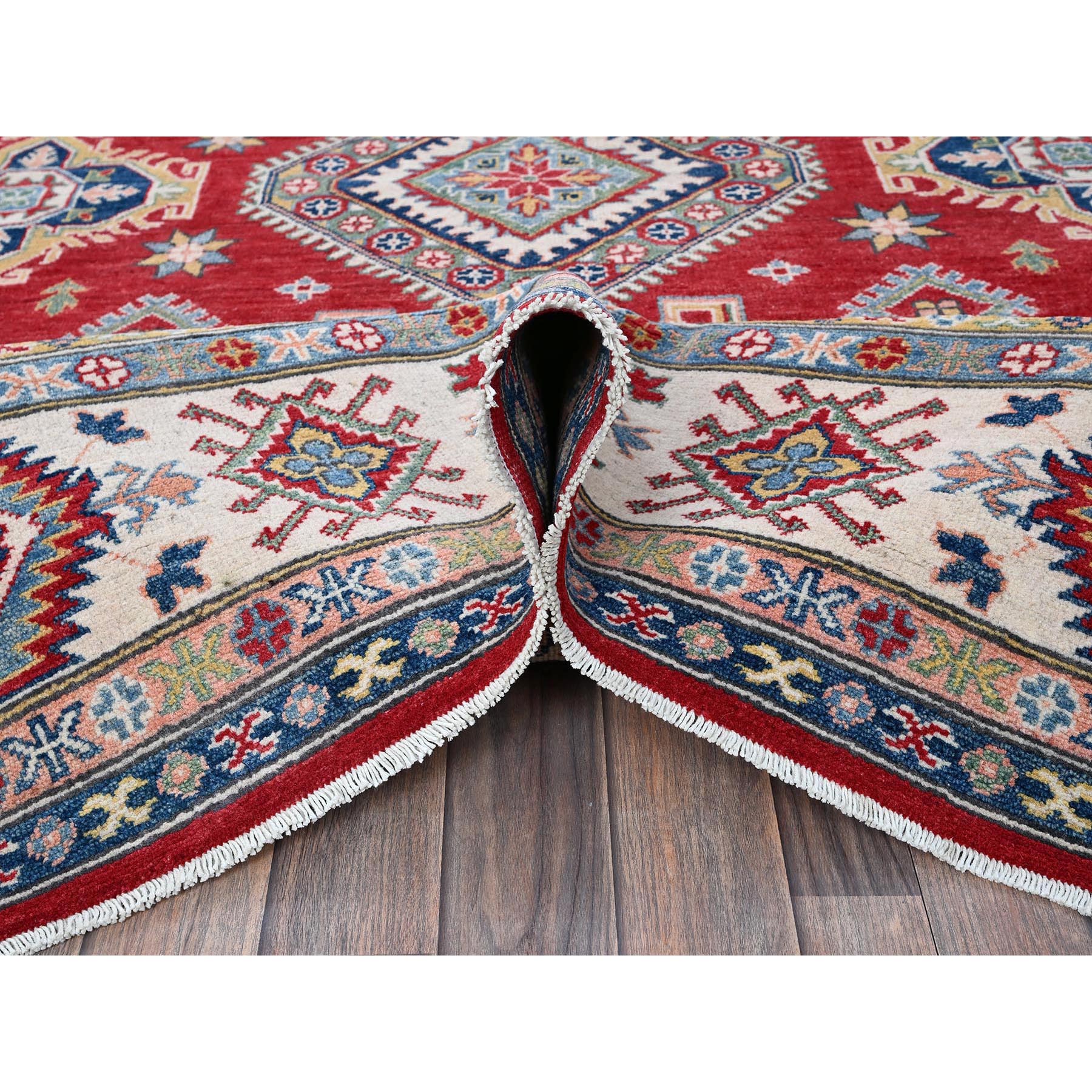 8'2"x10'2" Crimson Red, Kazak with Geometric Medallions Design, Soft and Velvety Wool, Hand Knotted, Denser Weave, Vegetable Dyes, Oriental Rug Sh518