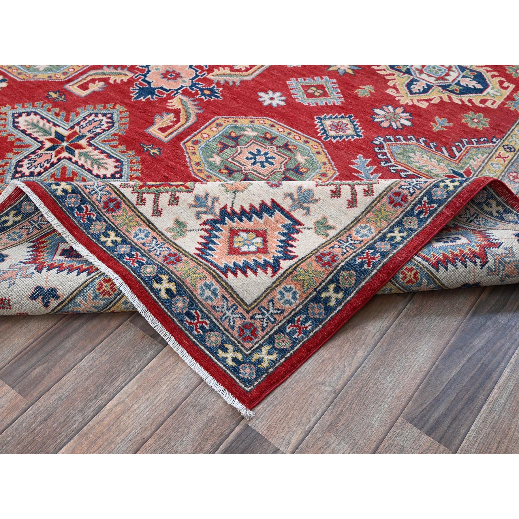 8'2"x10'2" Crimson Red, Kazak with Geometric Medallions Design, Soft and Velvety Wool, Hand Knotted, Denser Weave, Vegetable Dyes, Oriental Rug Sh518