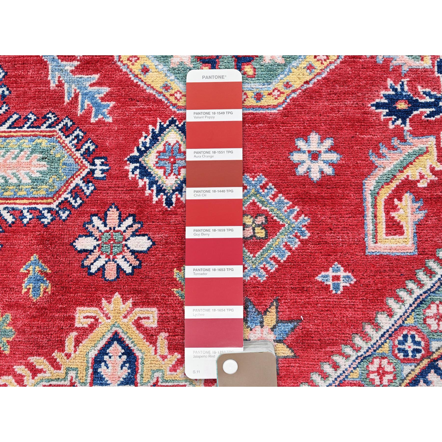 8'2"x10'2" Crimson Red, Kazak with Geometric Medallions Design, Soft and Velvety Wool, Hand Knotted, Denser Weave, Vegetable Dyes, Oriental Rug Sh518