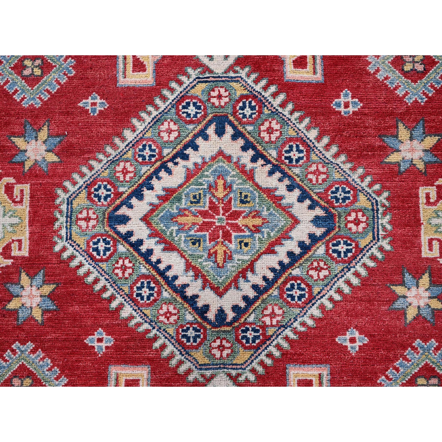 8'2"x10'2" Crimson Red, Kazak with Geometric Medallions Design, Soft and Velvety Wool, Hand Knotted, Denser Weave, Vegetable Dyes, Oriental Rug Sh518