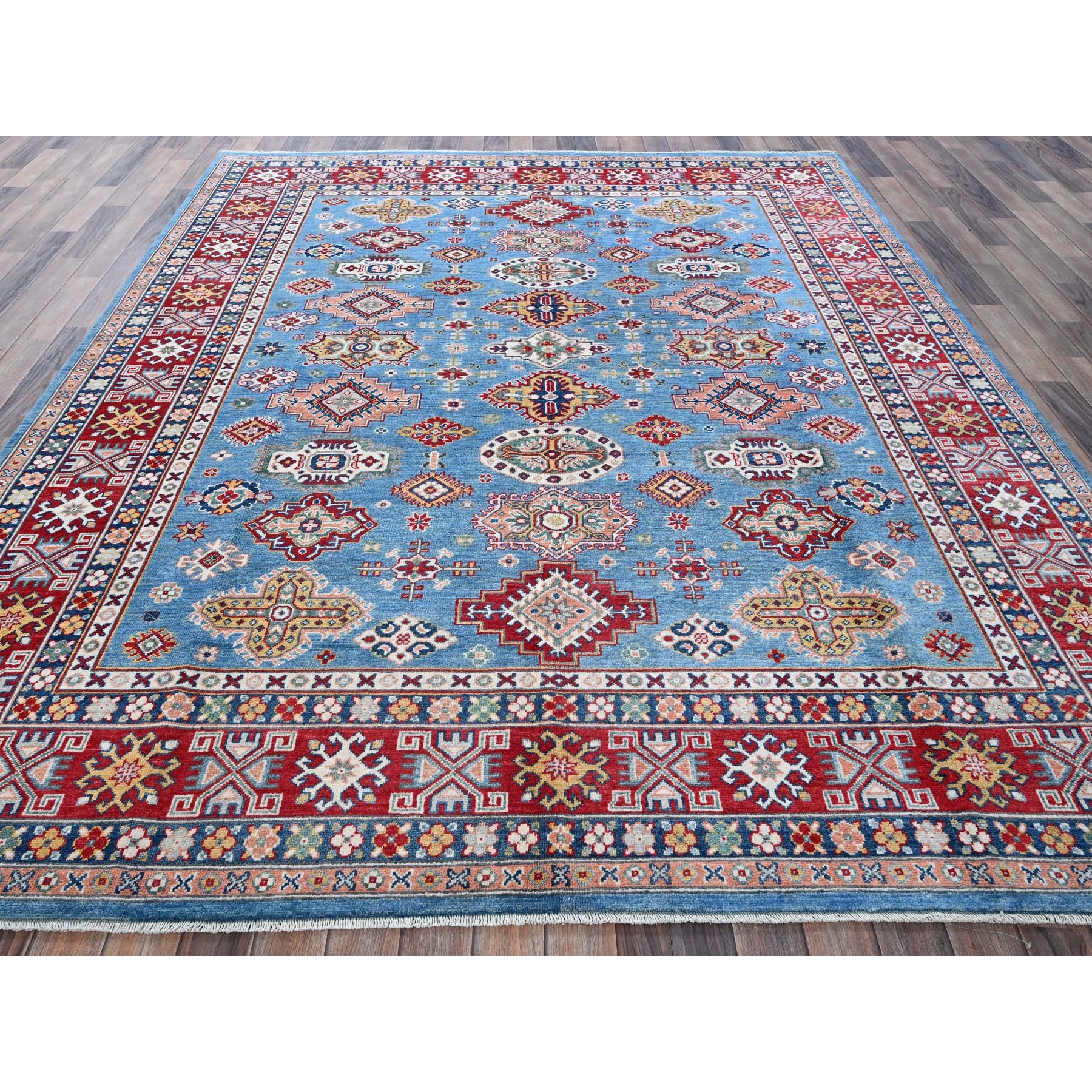 7'10"x9'8" Carolina Blue, Kazak with Tribal Medallions Design, Hand Knotted, Denser Weave, Soft and Velvety Wool, Vegetable Dyes, Oriental Rug Sh519