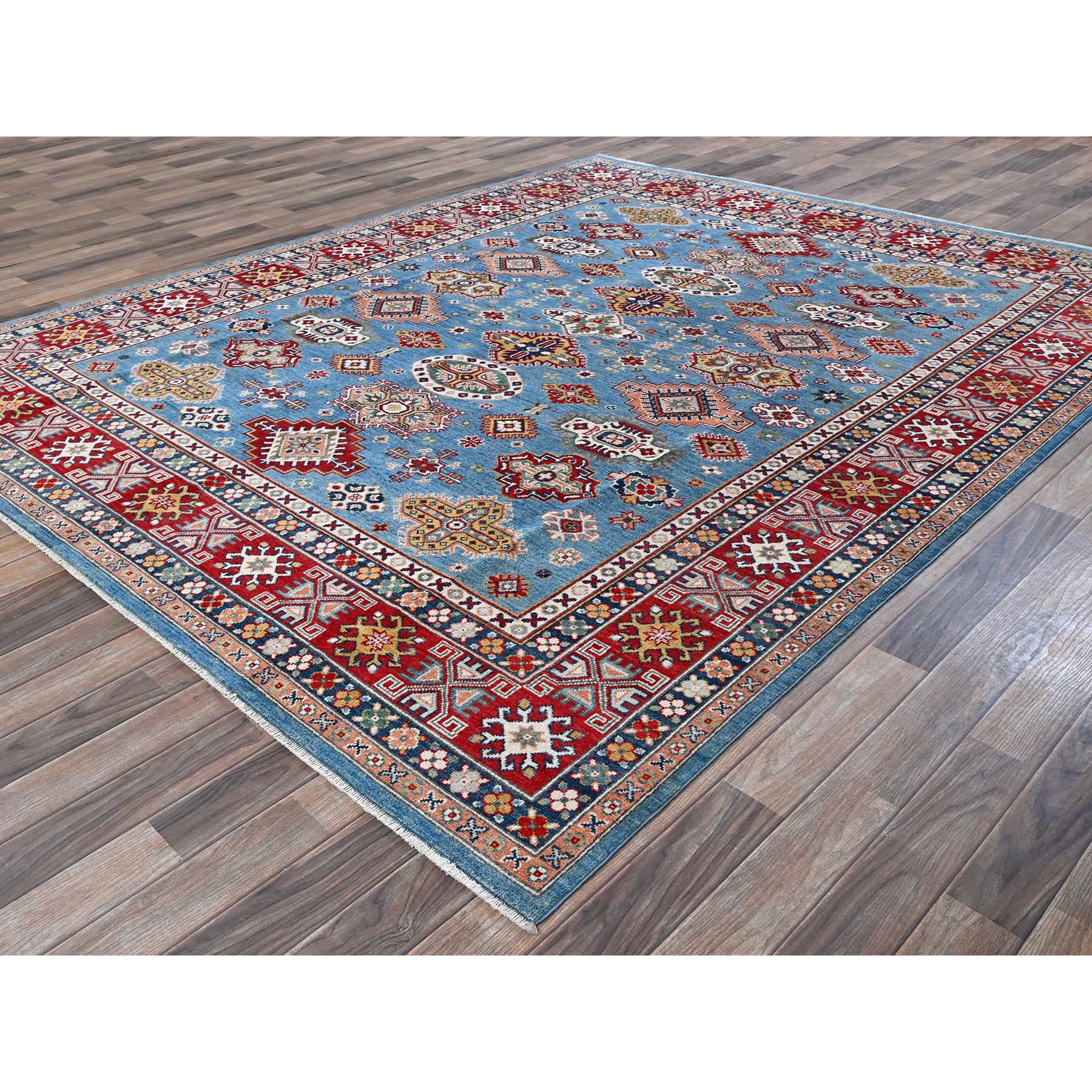 7'10"x9'8" Carolina Blue, Kazak with Tribal Medallions Design, Hand Knotted, Denser Weave, Soft and Velvety Wool, Vegetable Dyes, Oriental Rug Sh519