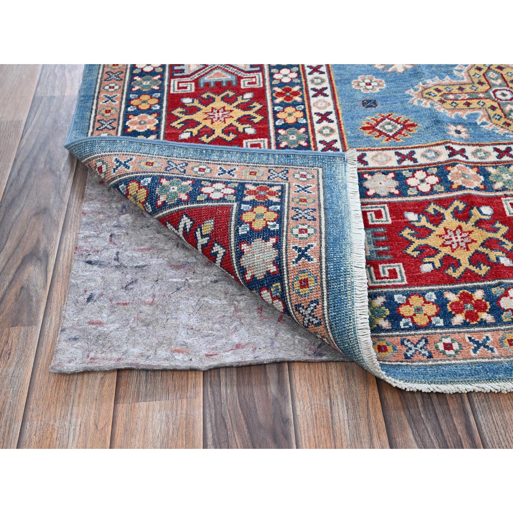 7'10"x9'8" Carolina Blue, Kazak with Tribal Medallions Design, Hand Knotted, Denser Weave, Soft and Velvety Wool, Vegetable Dyes, Oriental Rug Sh519