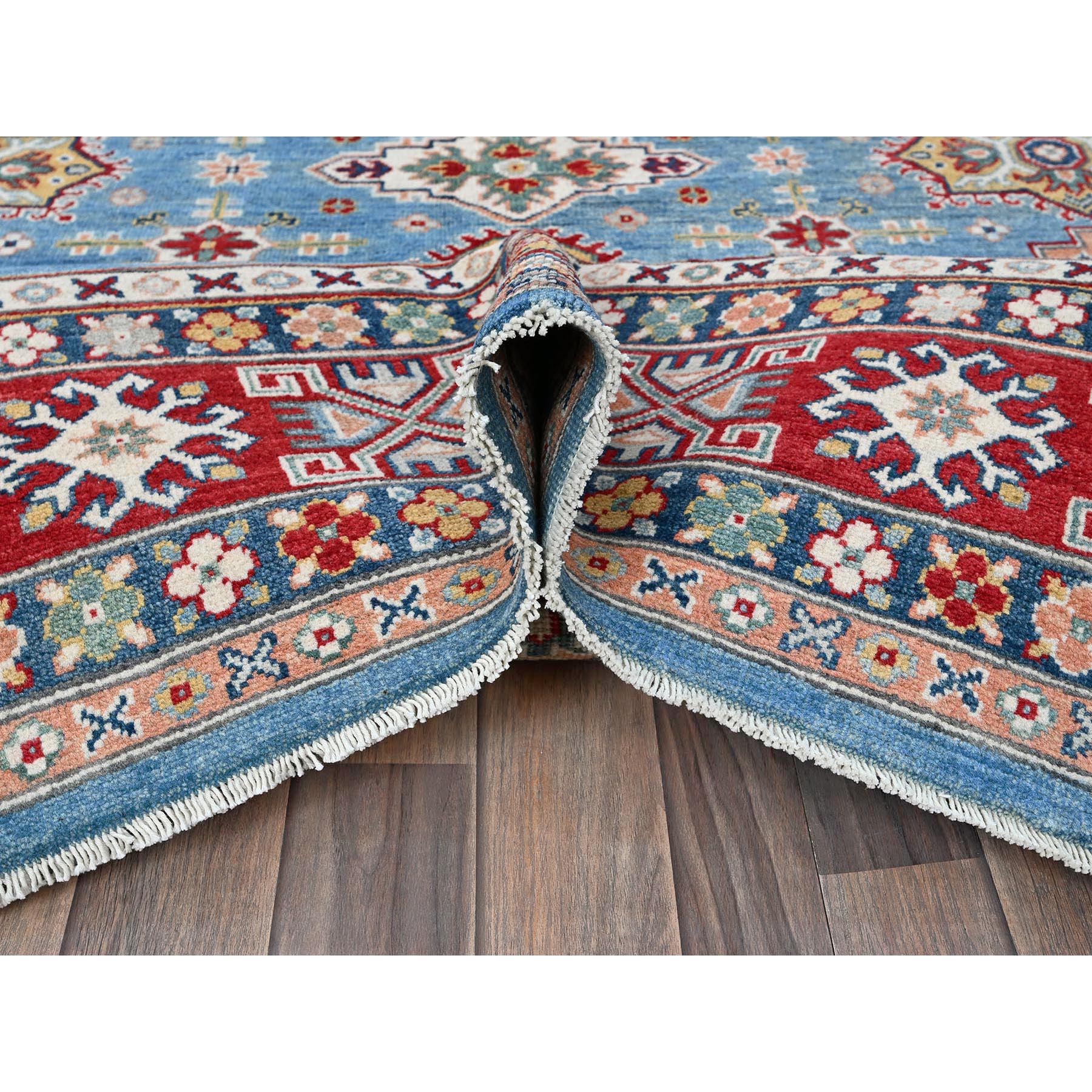 7'10"x9'8" Carolina Blue, Kazak with Tribal Medallions Design, Hand Knotted, Denser Weave, Soft and Velvety Wool, Vegetable Dyes, Oriental Rug Sh519