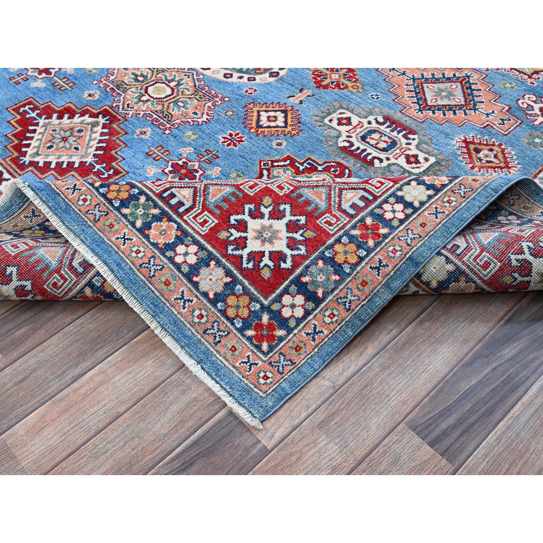7'10"x9'8" Carolina Blue, Kazak with Tribal Medallions Design, Hand Knotted, Denser Weave, Soft and Velvety Wool, Vegetable Dyes, Oriental Rug Sh519