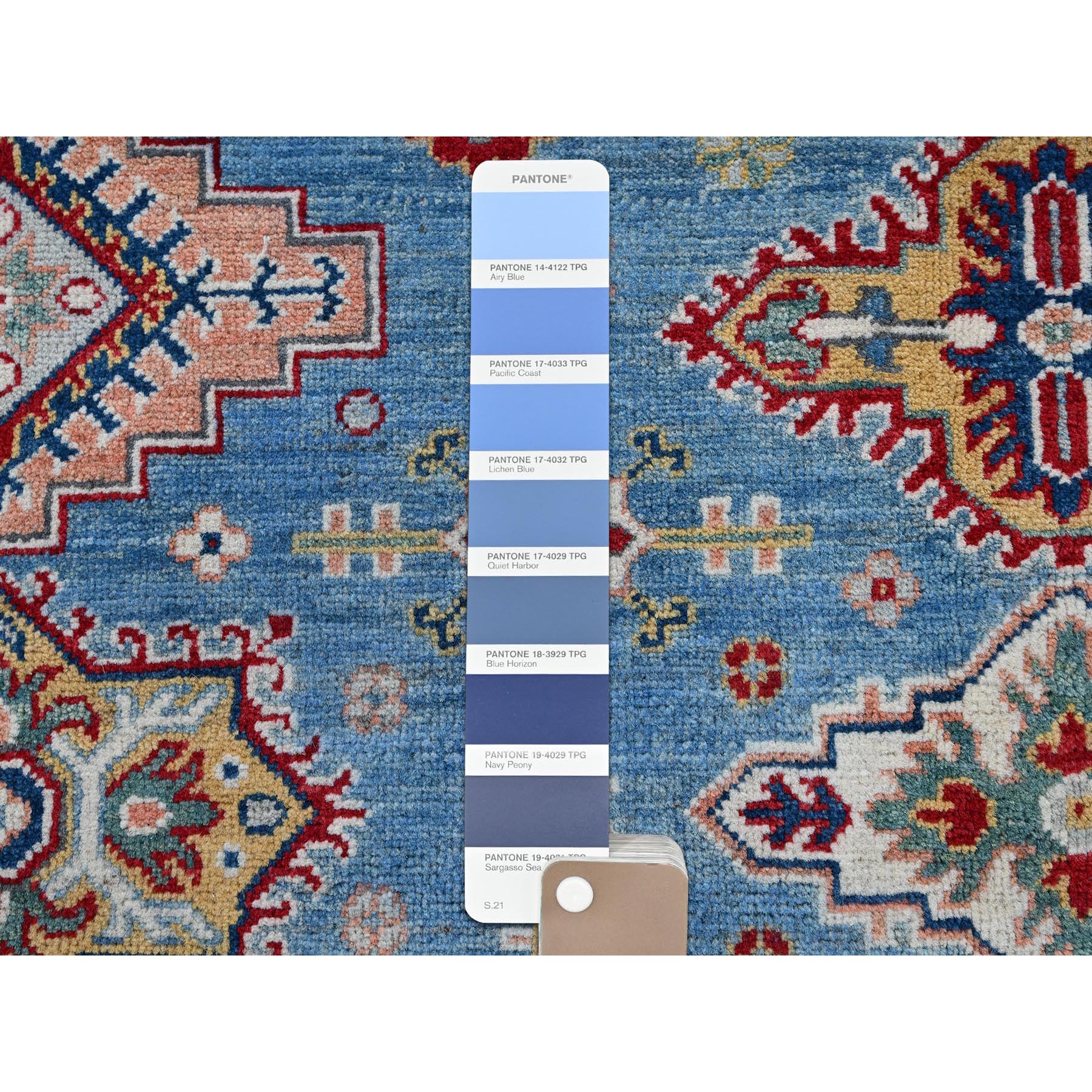 7'10"x9'8" Carolina Blue, Kazak with Tribal Medallions Design, Hand Knotted, Denser Weave, Soft and Velvety Wool, Vegetable Dyes, Oriental Rug Sh519