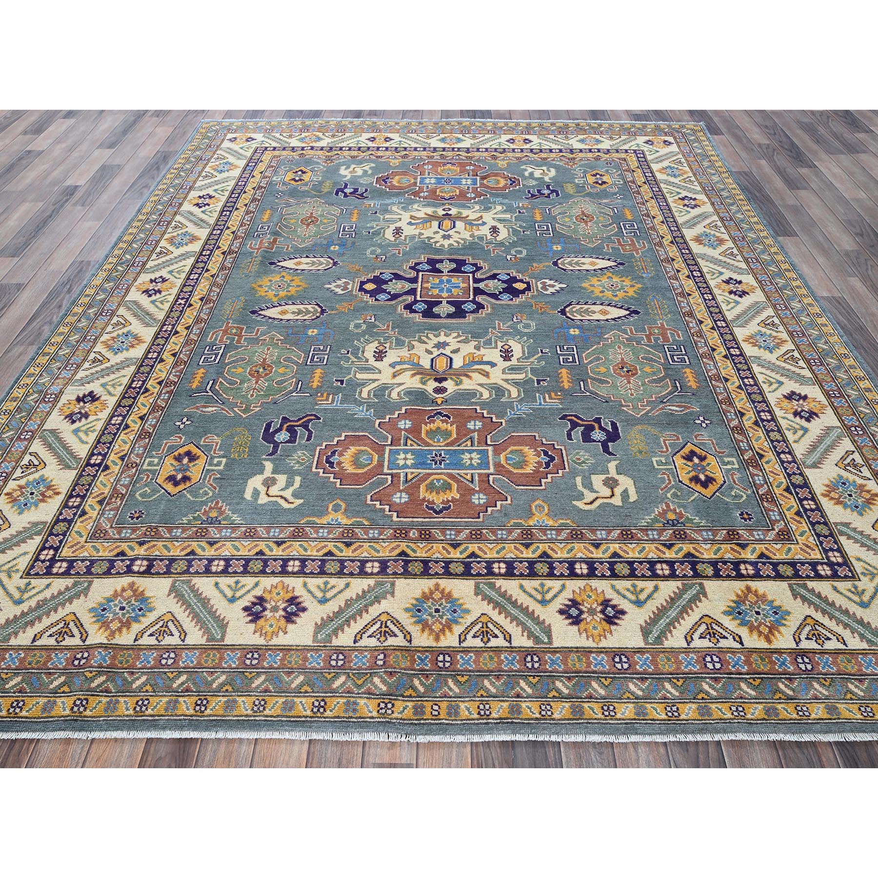 8'x10' Misty Gray, Kazak with Tribal Medallions Design, Hand Knotted, Denser Weave, Soft and Vibrant Wool, Vegetable Dyes, Oriental Rug Sh521