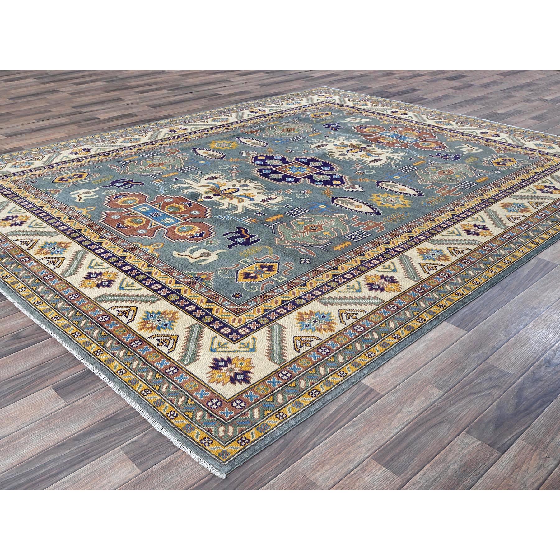 8'x10' Misty Gray, Kazak with Tribal Medallions Design, Hand Knotted, Denser Weave, Soft and Vibrant Wool, Vegetable Dyes, Oriental Rug Sh521