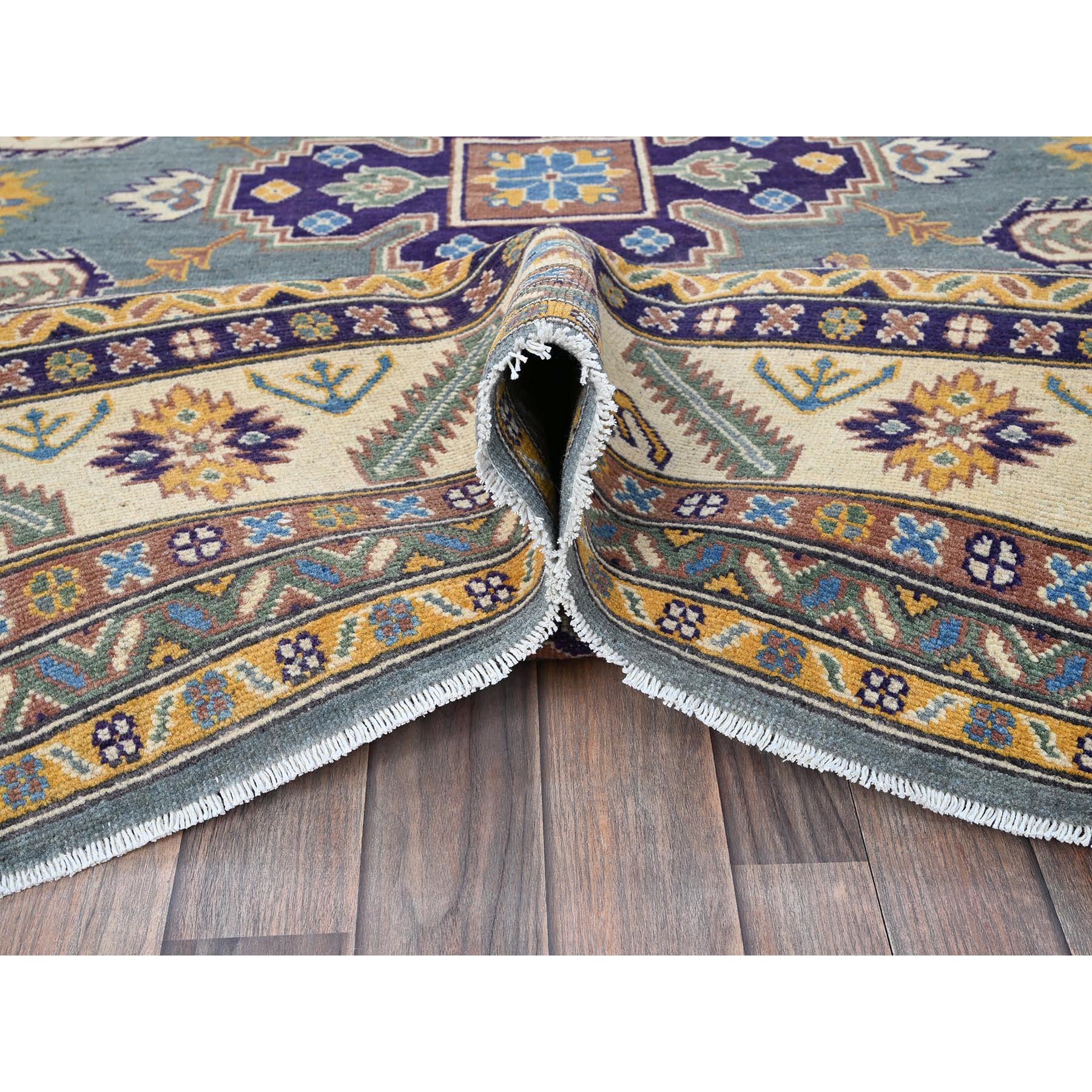 8'x10' Misty Gray, Kazak with Tribal Medallions Design, Hand Knotted, Denser Weave, Soft and Vibrant Wool, Vegetable Dyes, Oriental Rug Sh521