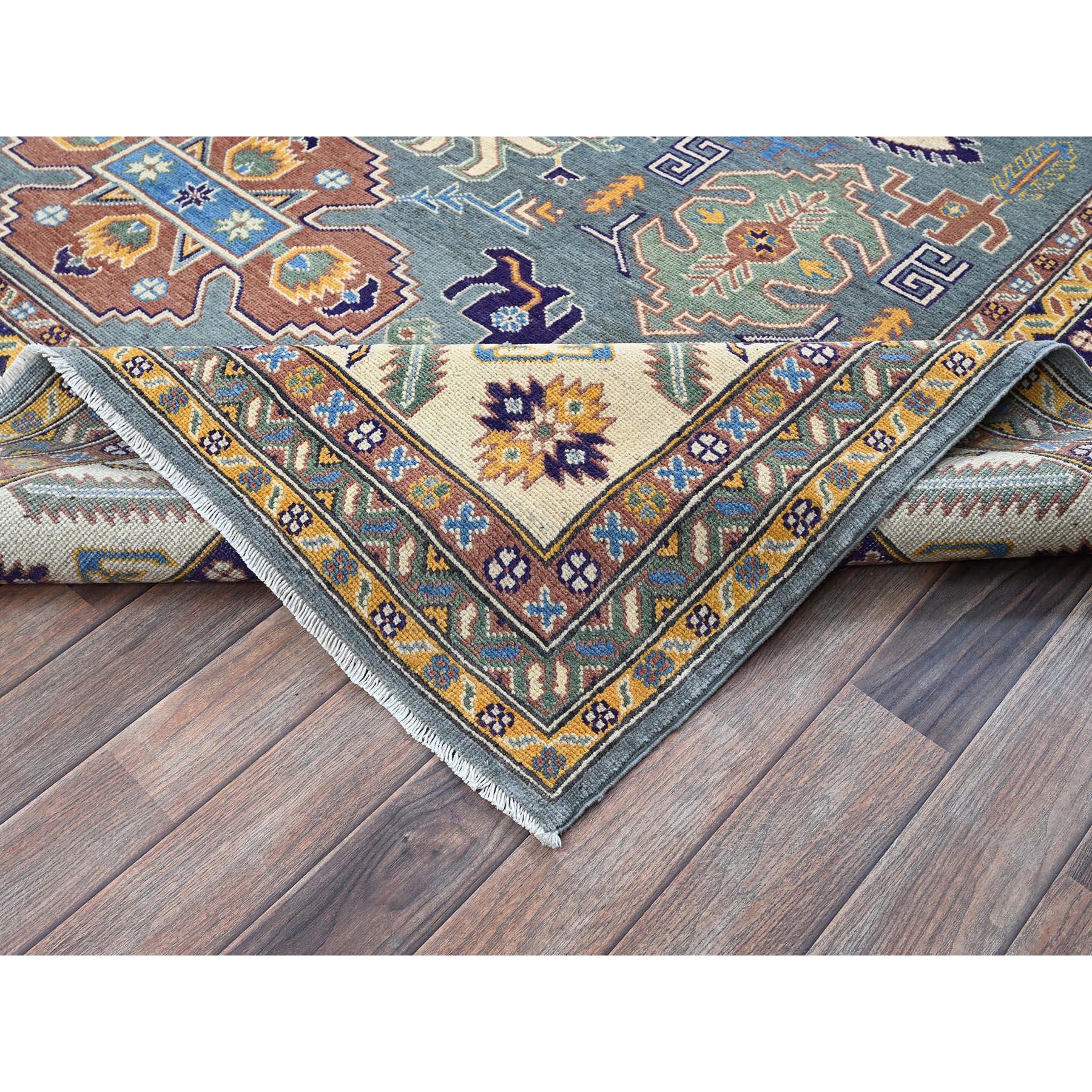 8'x10' Misty Gray, Kazak with Tribal Medallions Design, Hand Knotted, Denser Weave, Soft and Vibrant Wool, Vegetable Dyes, Oriental Rug Sh521