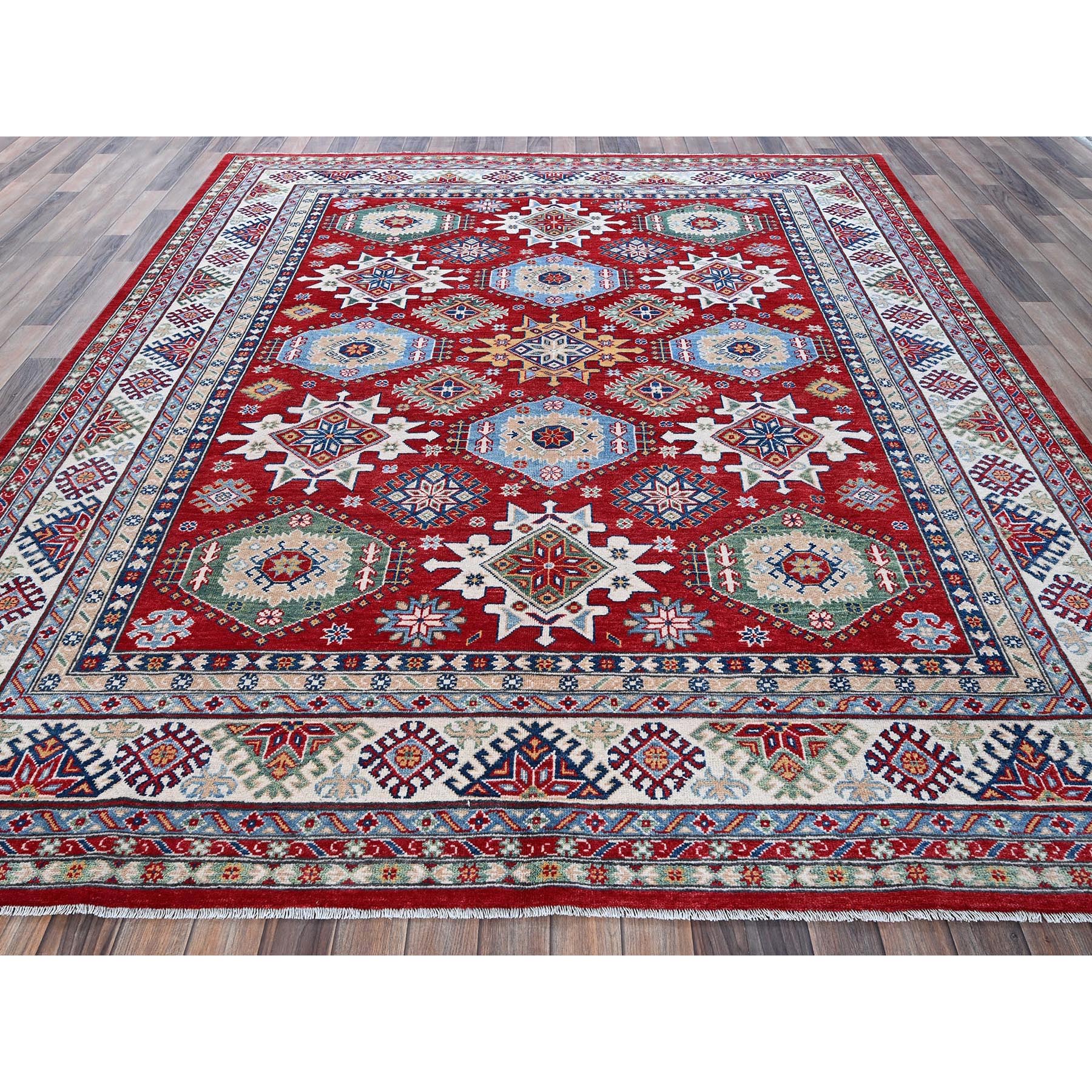 8'2"x9'8" Angels Red, Kazak with Geometric Medallions Design, Soft and Velvety Wool, Hand Knotted, Denser Weave, Vegetable Dyes, Oriental Rug Sh522