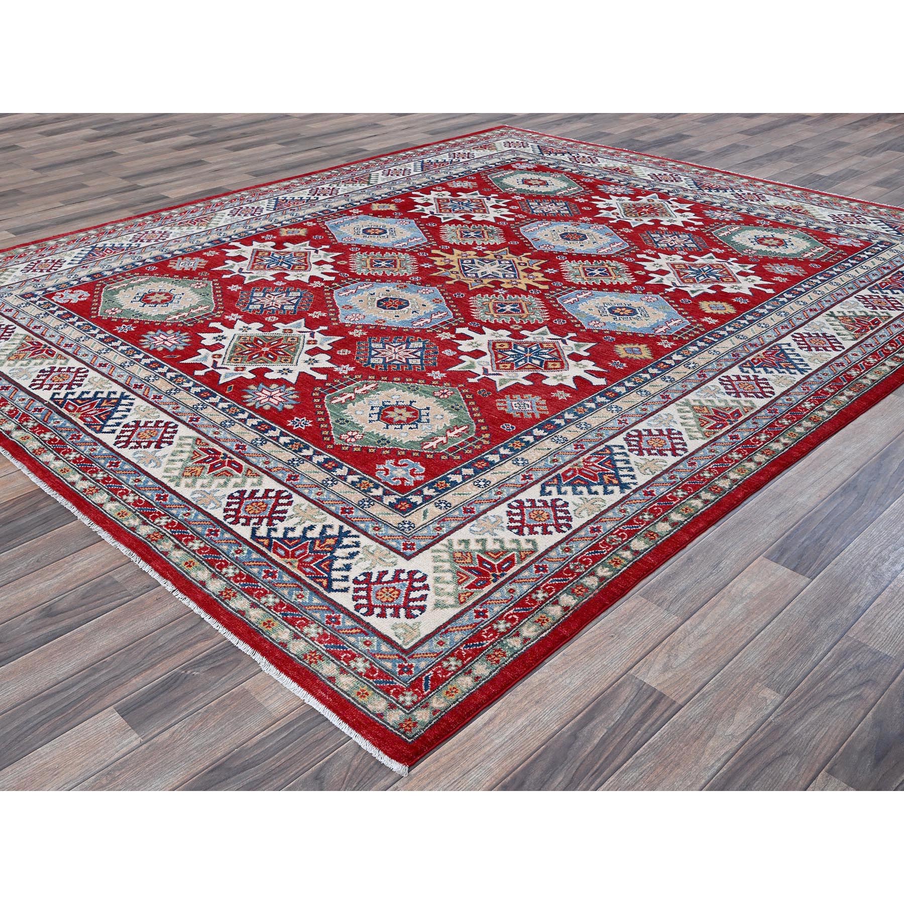 8'2"x9'8" Angels Red, Kazak with Geometric Medallions Design, Soft and Velvety Wool, Hand Knotted, Denser Weave, Vegetable Dyes, Oriental Rug Sh522