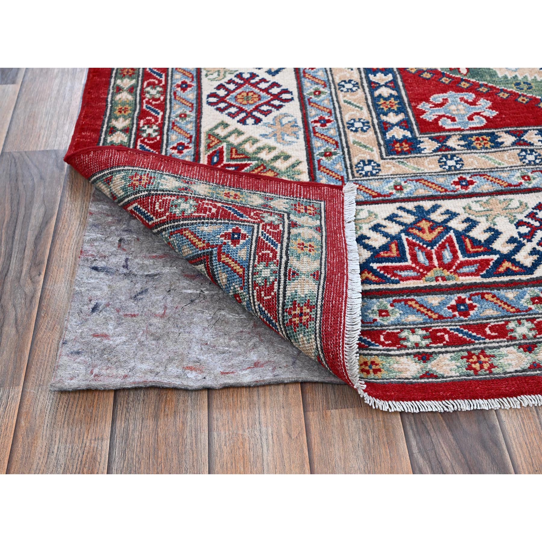 8'2"x9'8" Angels Red, Kazak with Geometric Medallions Design, Soft and Velvety Wool, Hand Knotted, Denser Weave, Vegetable Dyes, Oriental Rug Sh522