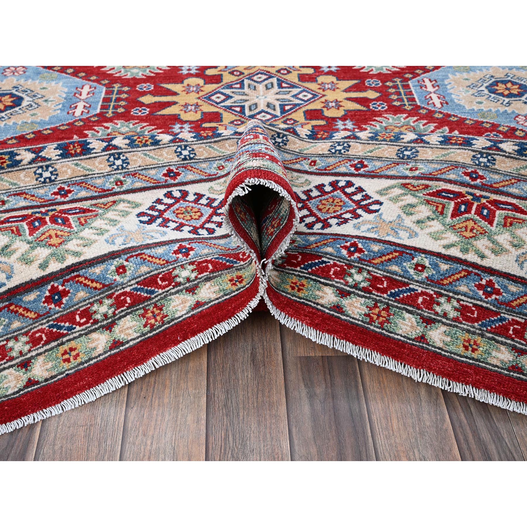 8'2"x9'8" Angels Red, Kazak with Geometric Medallions Design, Soft and Velvety Wool, Hand Knotted, Denser Weave, Vegetable Dyes, Oriental Rug Sh522