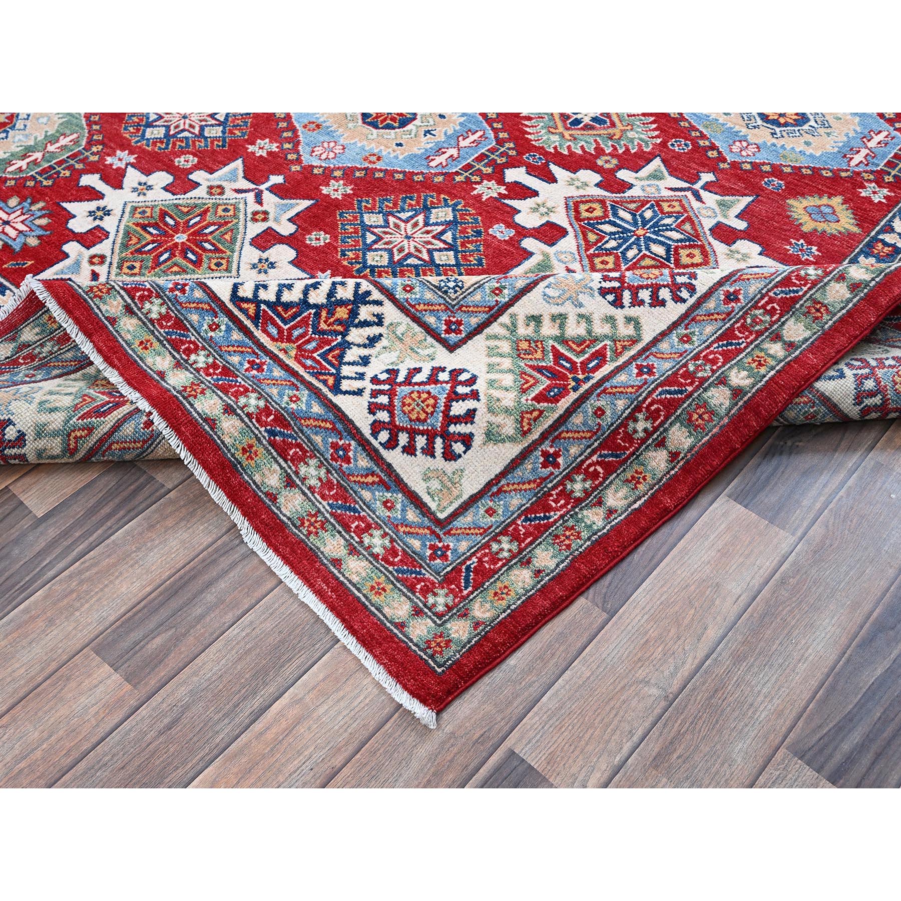 8'2"x9'8" Angels Red, Kazak with Geometric Medallions Design, Soft and Velvety Wool, Hand Knotted, Denser Weave, Vegetable Dyes, Oriental Rug Sh522