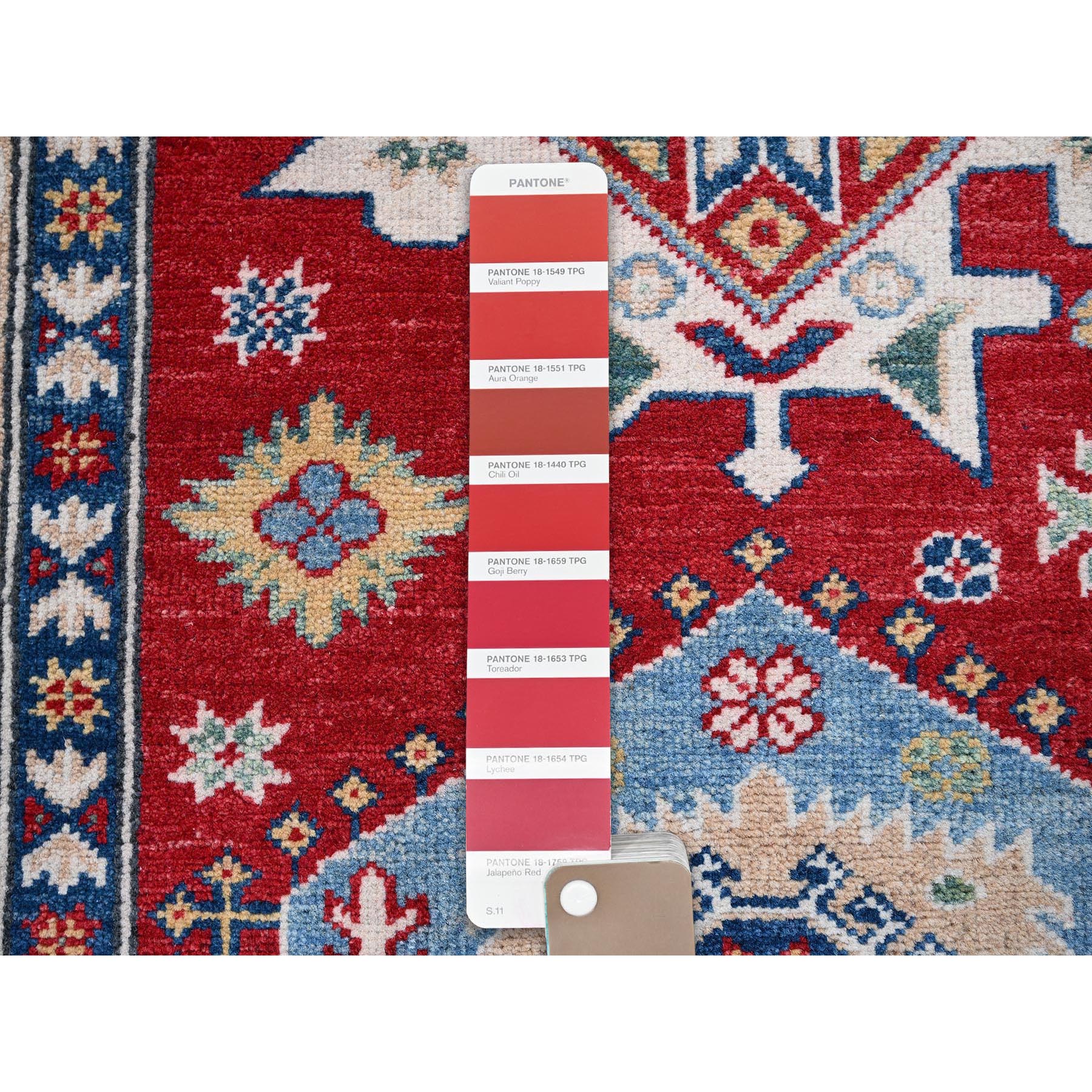 8'2"x9'8" Angels Red, Kazak with Geometric Medallions Design, Soft and Velvety Wool, Hand Knotted, Denser Weave, Vegetable Dyes, Oriental Rug Sh522