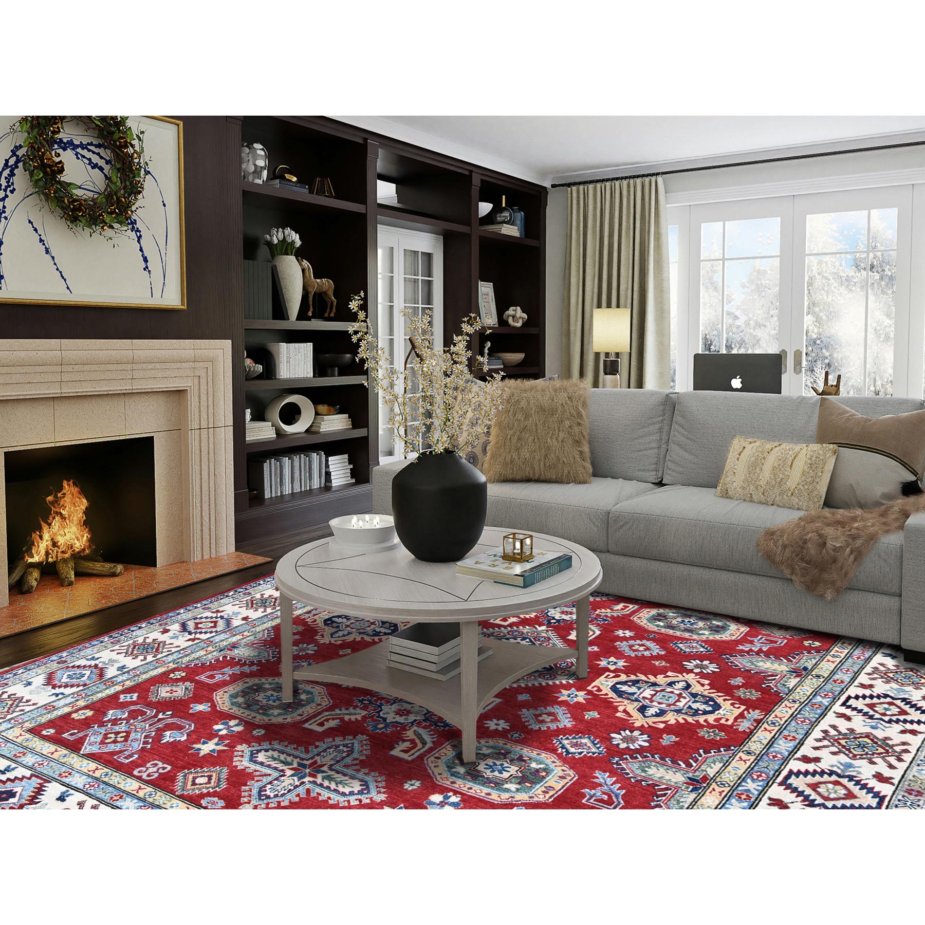8'2"x9'9" Crimson Red, Kazak with Geometric Medallions Design, Denser Weave, Soft and Velvety Wool, Hand Knotted, Vegetable Dyes, Oriental Rug Sh523