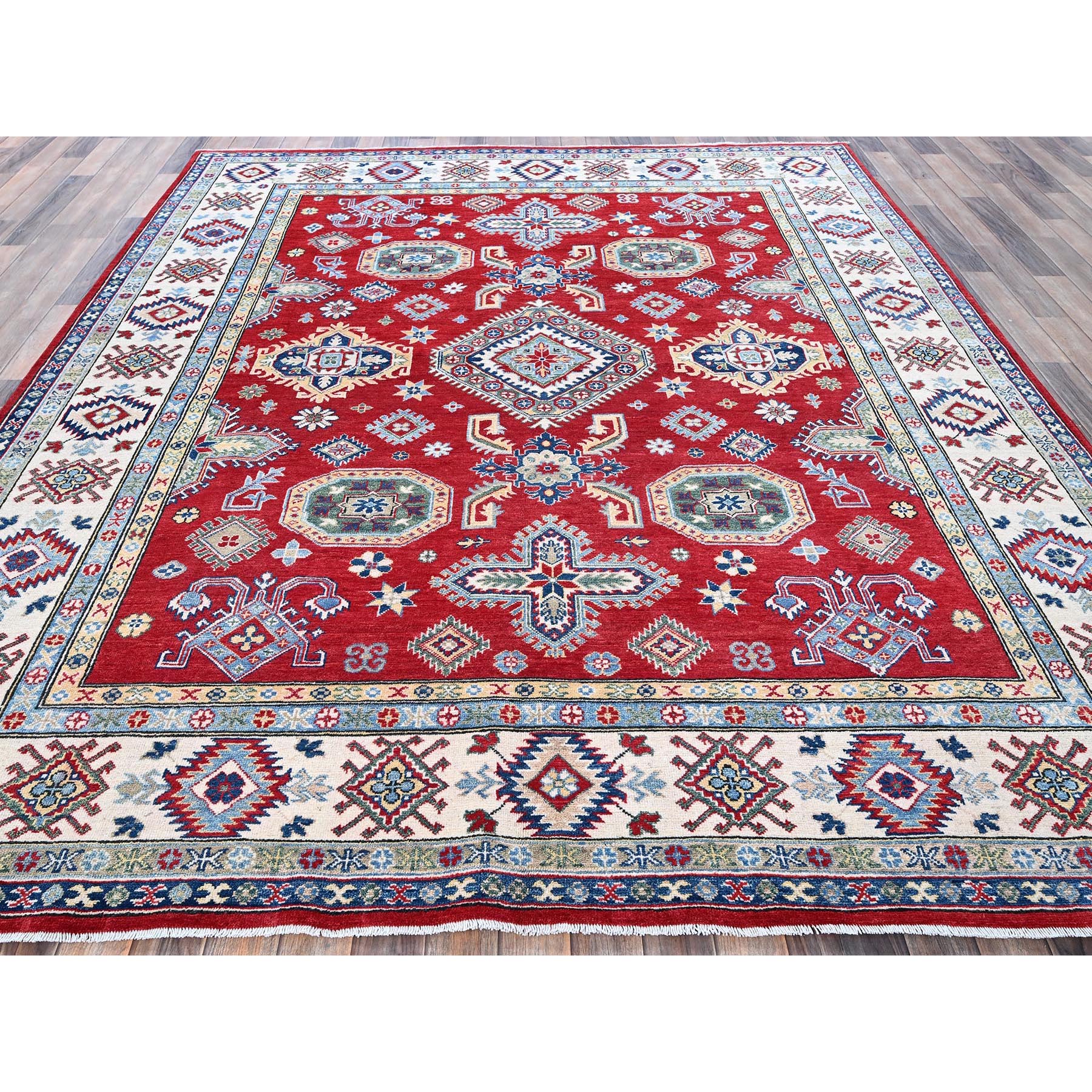 8'2"x9'9" Crimson Red, Kazak with Geometric Medallions Design, Denser Weave, Soft and Velvety Wool, Hand Knotted, Vegetable Dyes, Oriental Rug Sh523