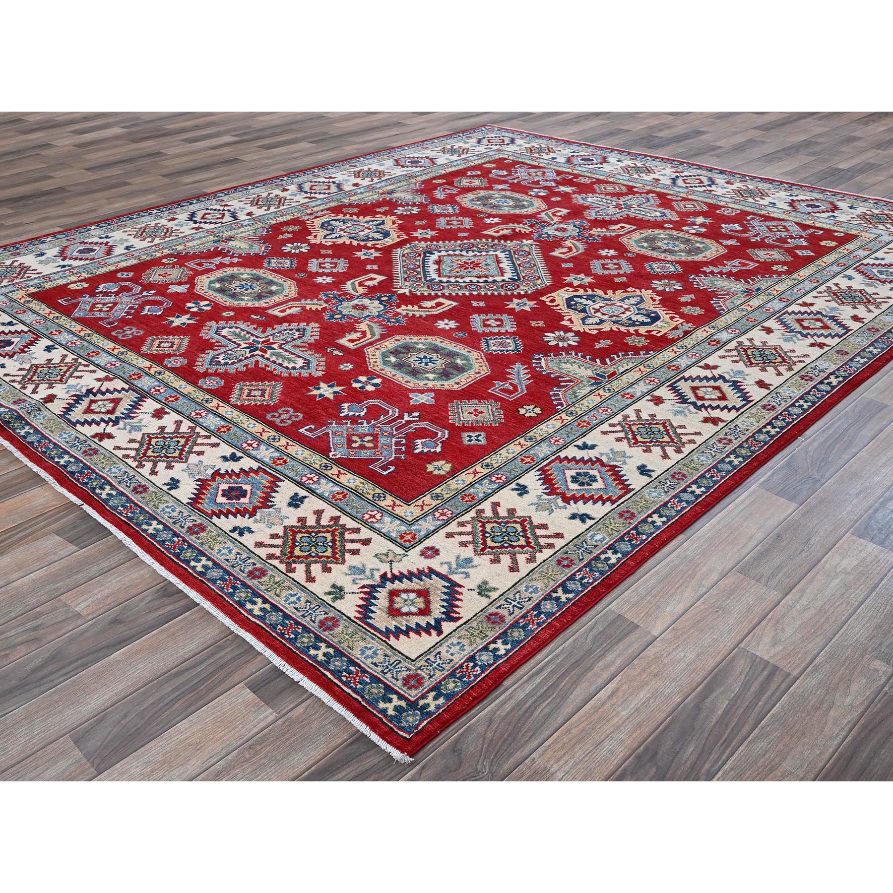 8'2"x9'9" Crimson Red, Kazak with Geometric Medallions Design, Denser Weave, Soft and Velvety Wool, Hand Knotted, Vegetable Dyes, Oriental Rug Sh523
