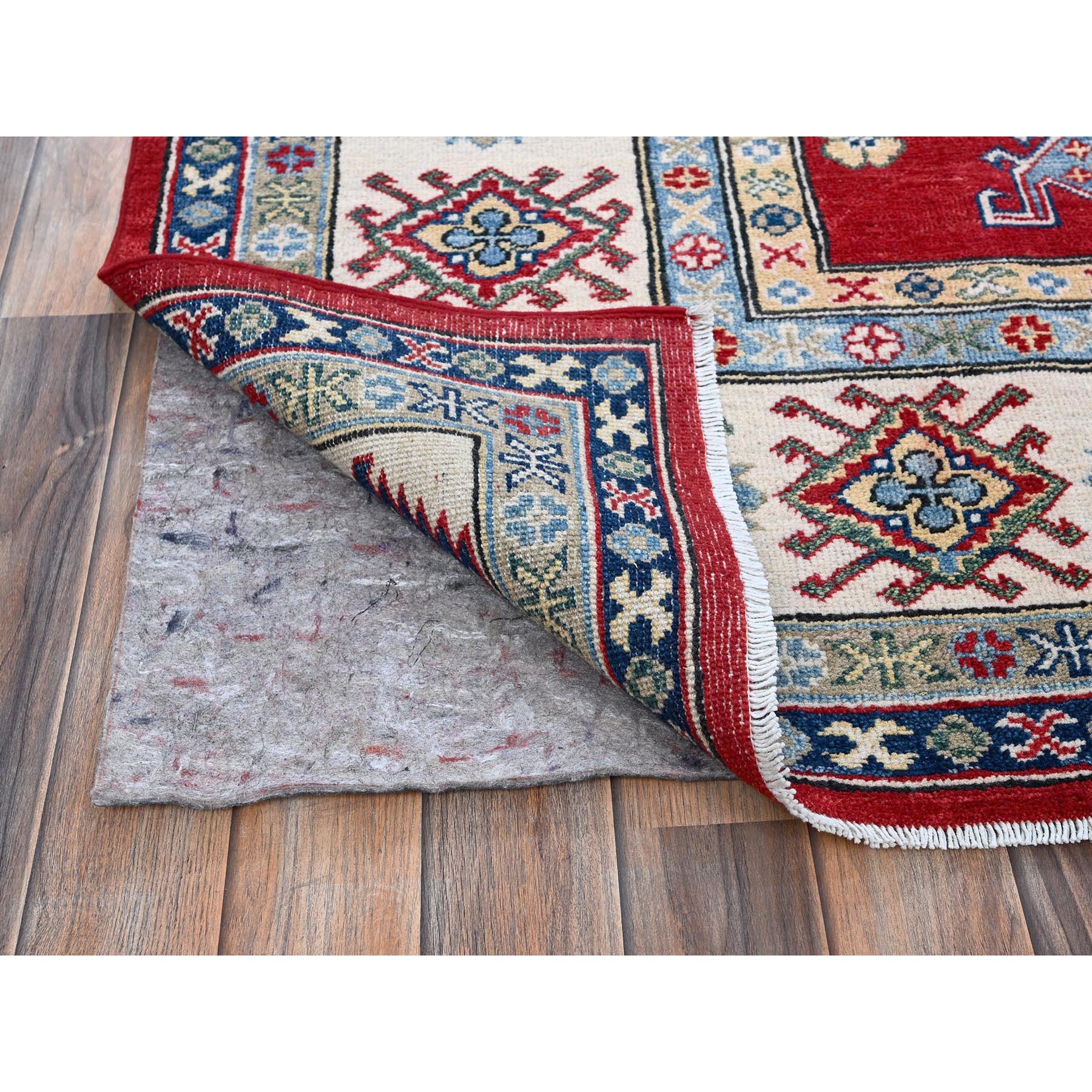 8'2"x9'9" Crimson Red, Kazak with Geometric Medallions Design, Denser Weave, Soft and Velvety Wool, Hand Knotted, Vegetable Dyes, Oriental Rug Sh523
