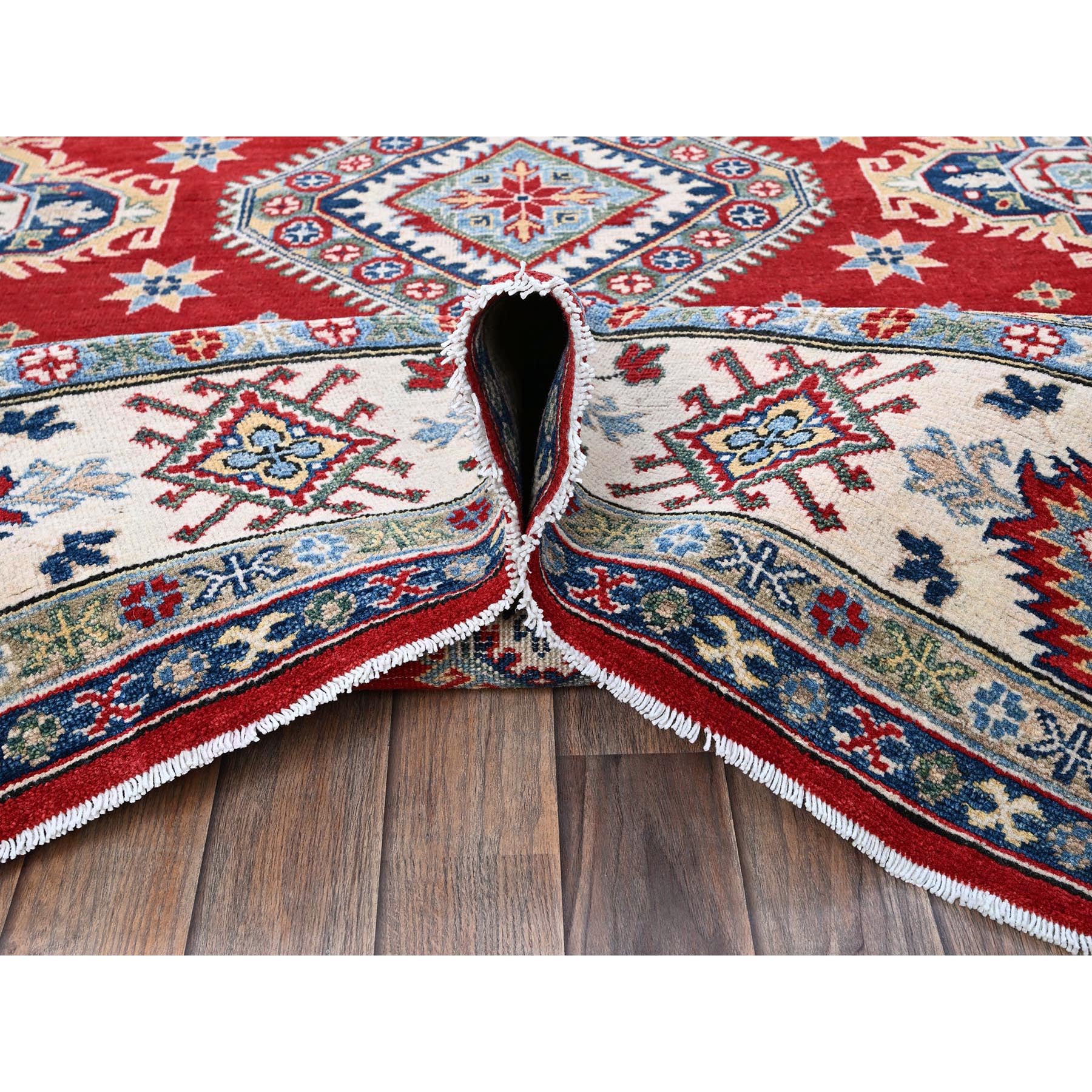 8'2"x9'9" Crimson Red, Kazak with Geometric Medallions Design, Denser Weave, Soft and Velvety Wool, Hand Knotted, Vegetable Dyes, Oriental Rug Sh523