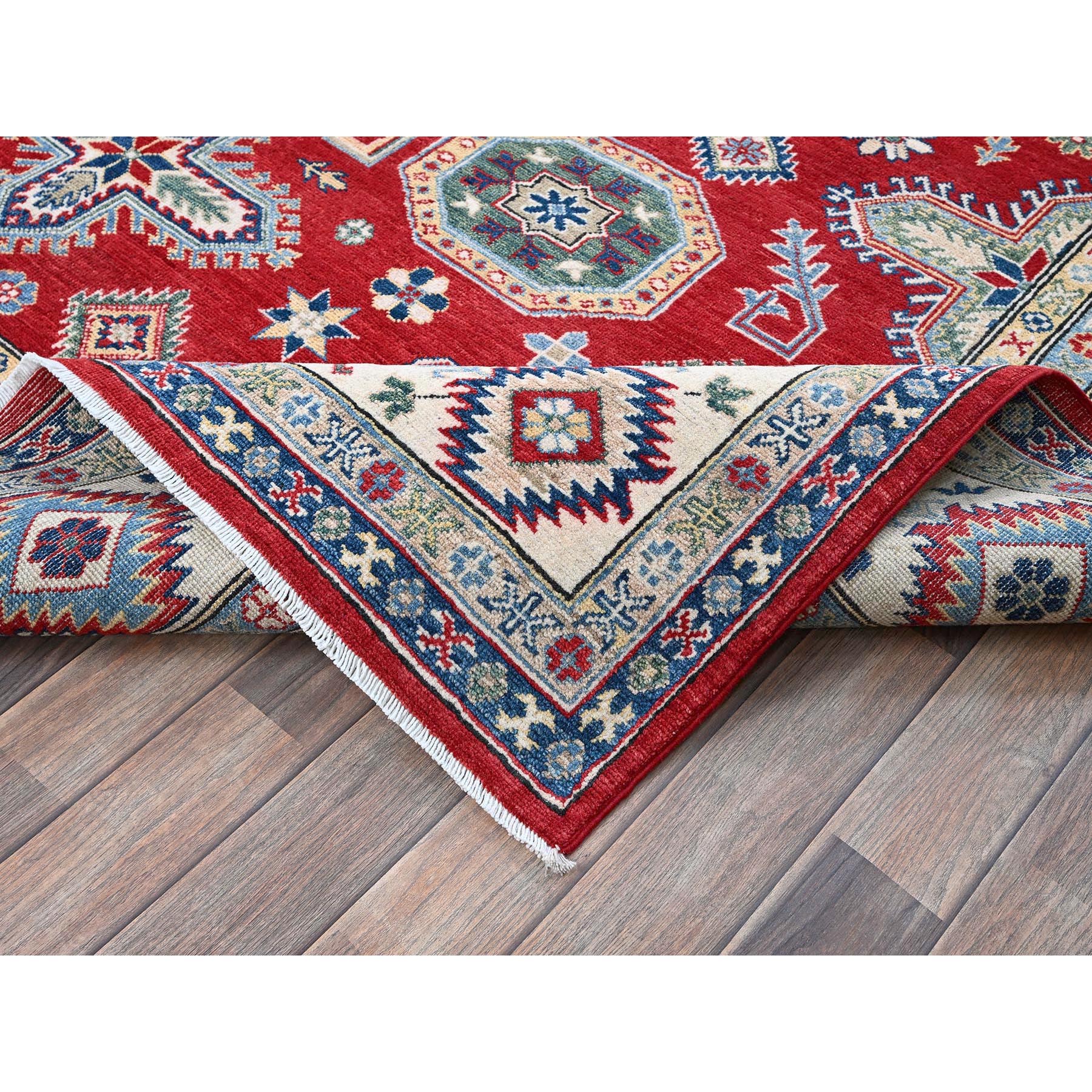 8'2"x9'9" Crimson Red, Kazak with Geometric Medallions Design, Denser Weave, Soft and Velvety Wool, Hand Knotted, Vegetable Dyes, Oriental Rug Sh523