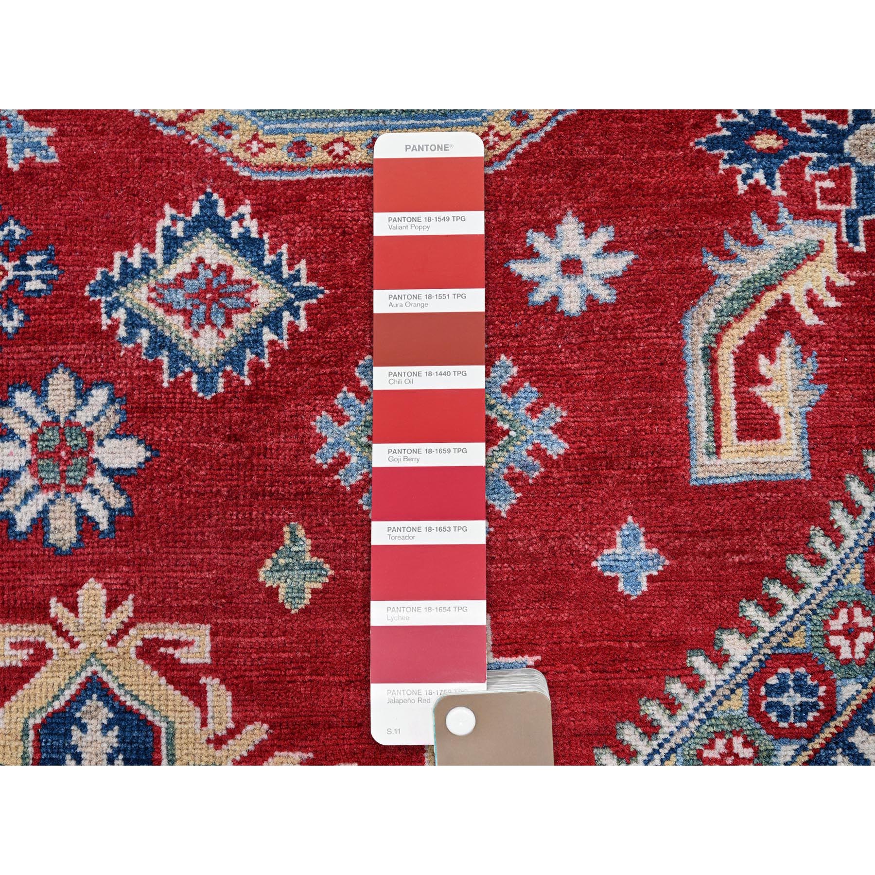 8'2"x9'9" Crimson Red, Kazak with Geometric Medallions Design, Denser Weave, Soft and Velvety Wool, Hand Knotted, Vegetable Dyes, Oriental Rug Sh523