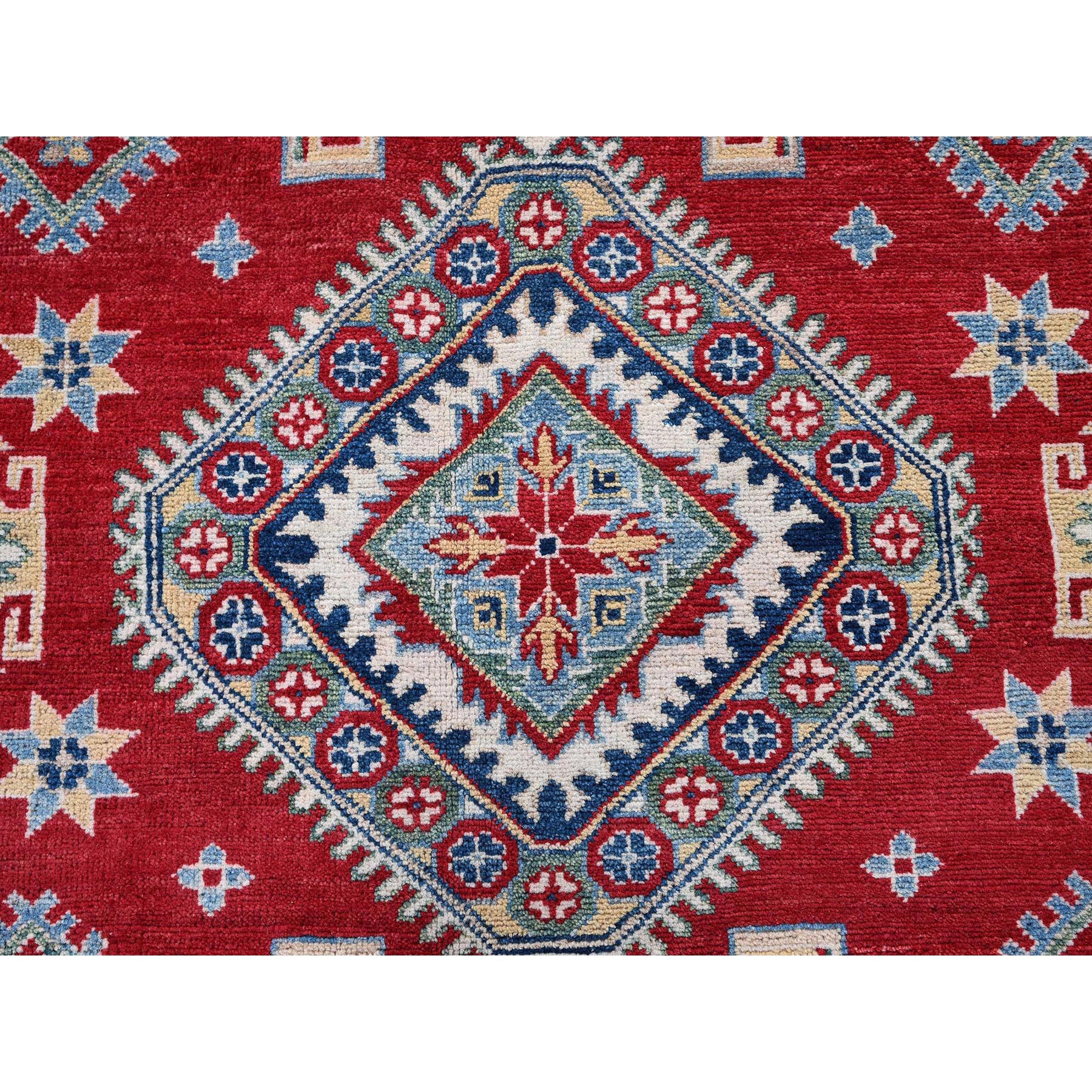 8'2"x9'9" Crimson Red, Kazak with Geometric Medallions Design, Denser Weave, Soft and Velvety Wool, Hand Knotted, Vegetable Dyes, Oriental Rug Sh523