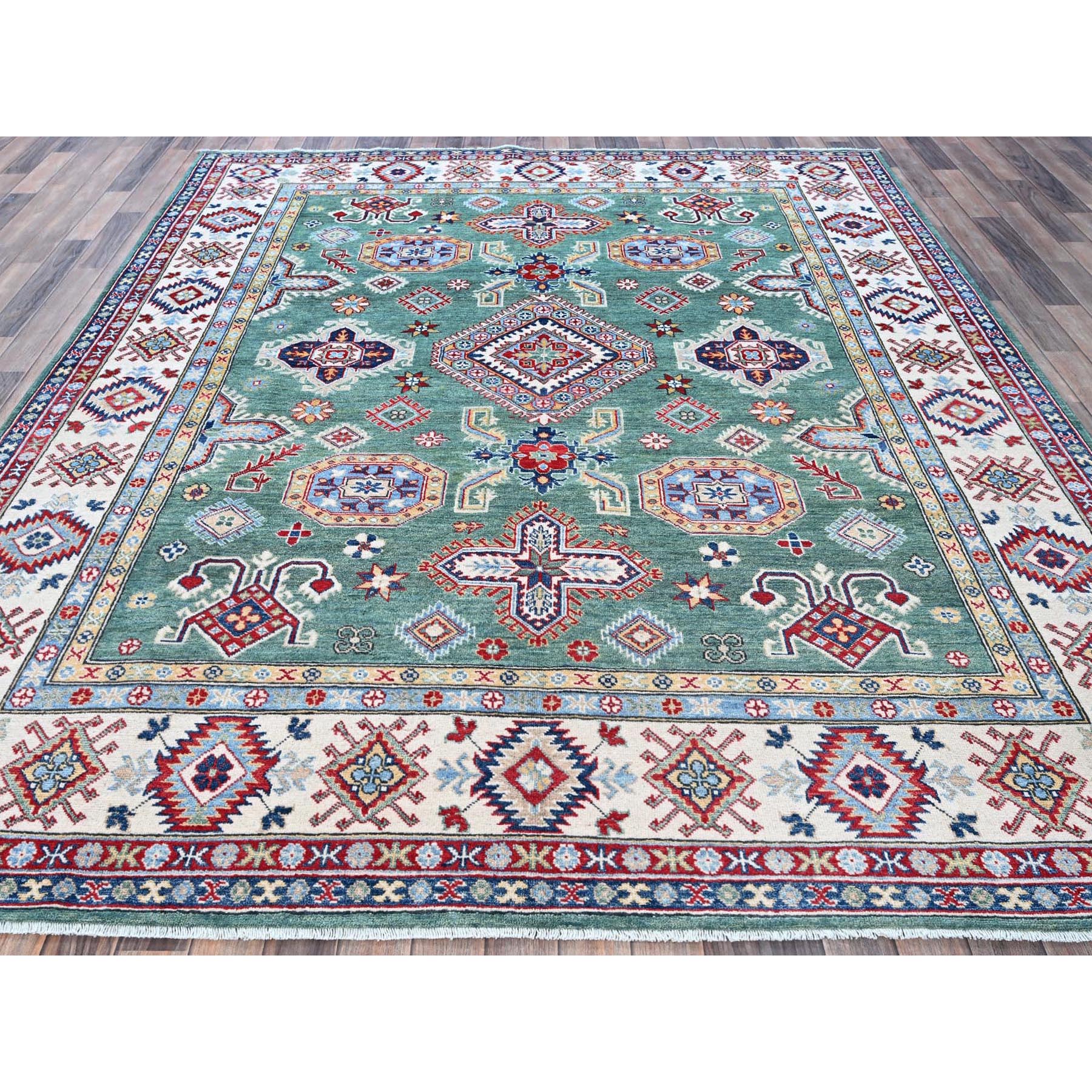 8'x9'7" Mint Green, Kazak with Geometric Pattern, Hand Knotted, Denser Weave, Soft and Velvety Wool, Vegetable Dyes, Oriental Rug Sh524