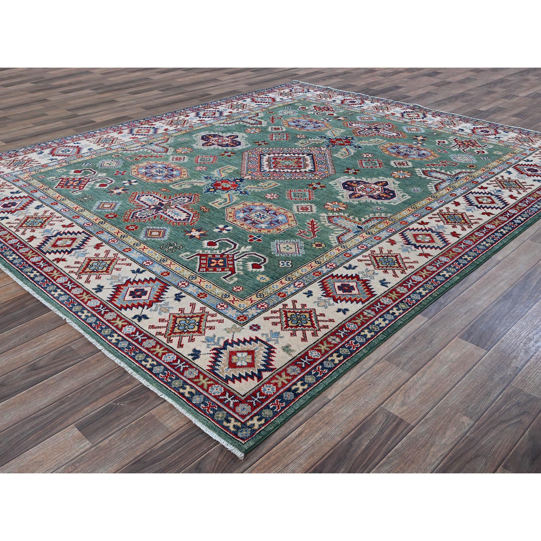 8'x9'7" Mint Green, Kazak with Geometric Pattern, Hand Knotted, Denser Weave, Soft and Velvety Wool, Vegetable Dyes, Oriental Rug Sh524