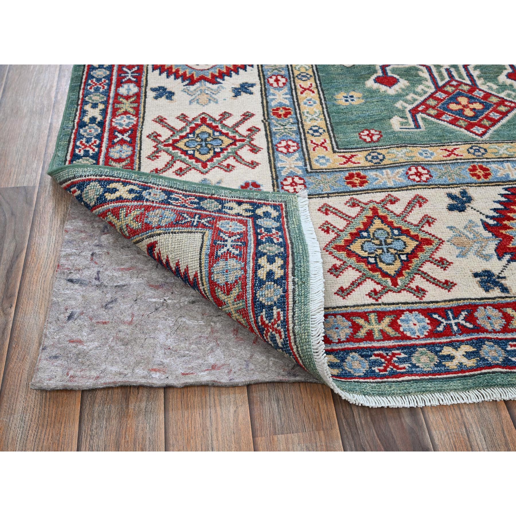 8'x9'7" Mint Green, Kazak with Geometric Pattern, Hand Knotted, Denser Weave, Soft and Velvety Wool, Vegetable Dyes, Oriental Rug Sh524