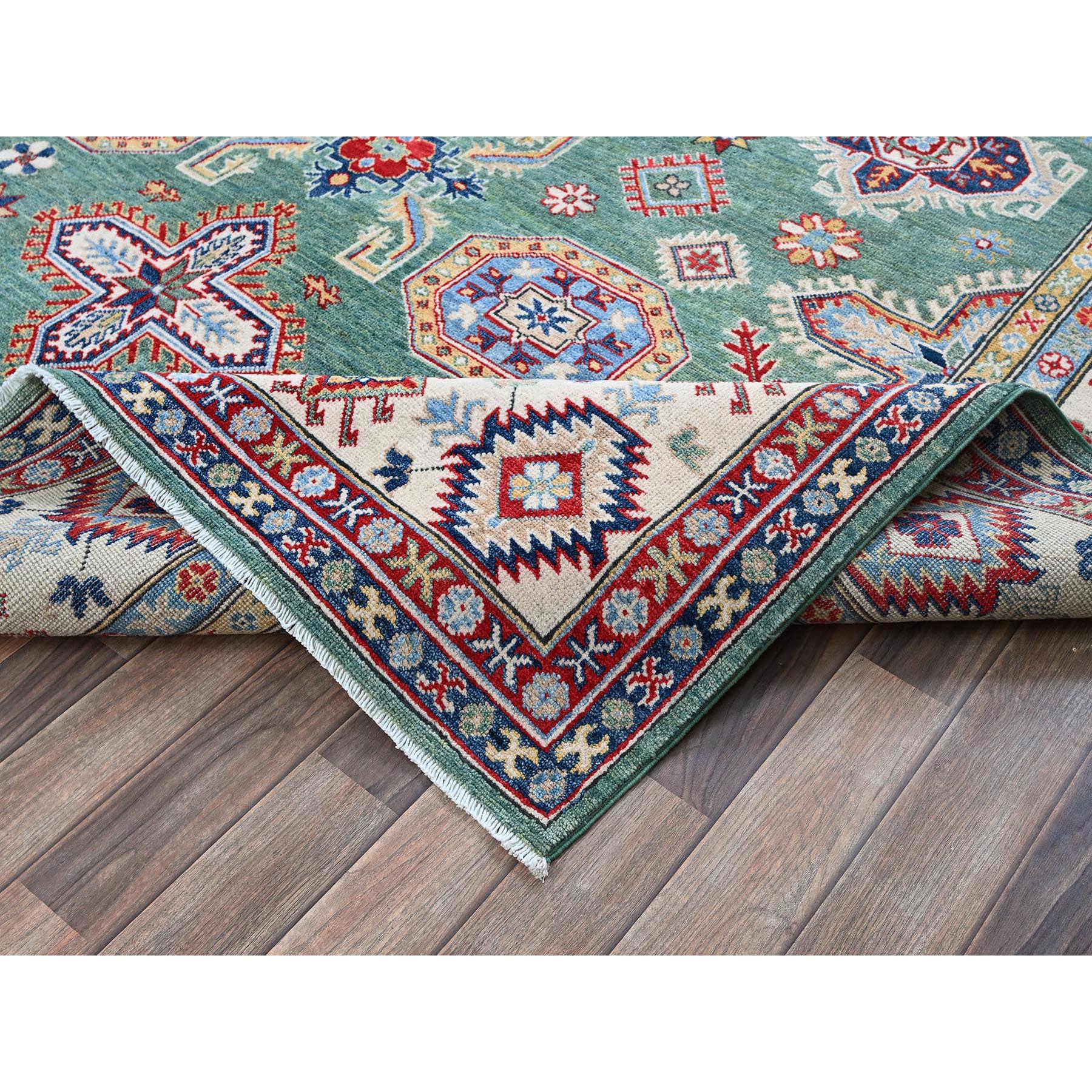 8'x9'7" Mint Green, Kazak with Geometric Pattern, Hand Knotted, Denser Weave, Soft and Velvety Wool, Vegetable Dyes, Oriental Rug Sh524