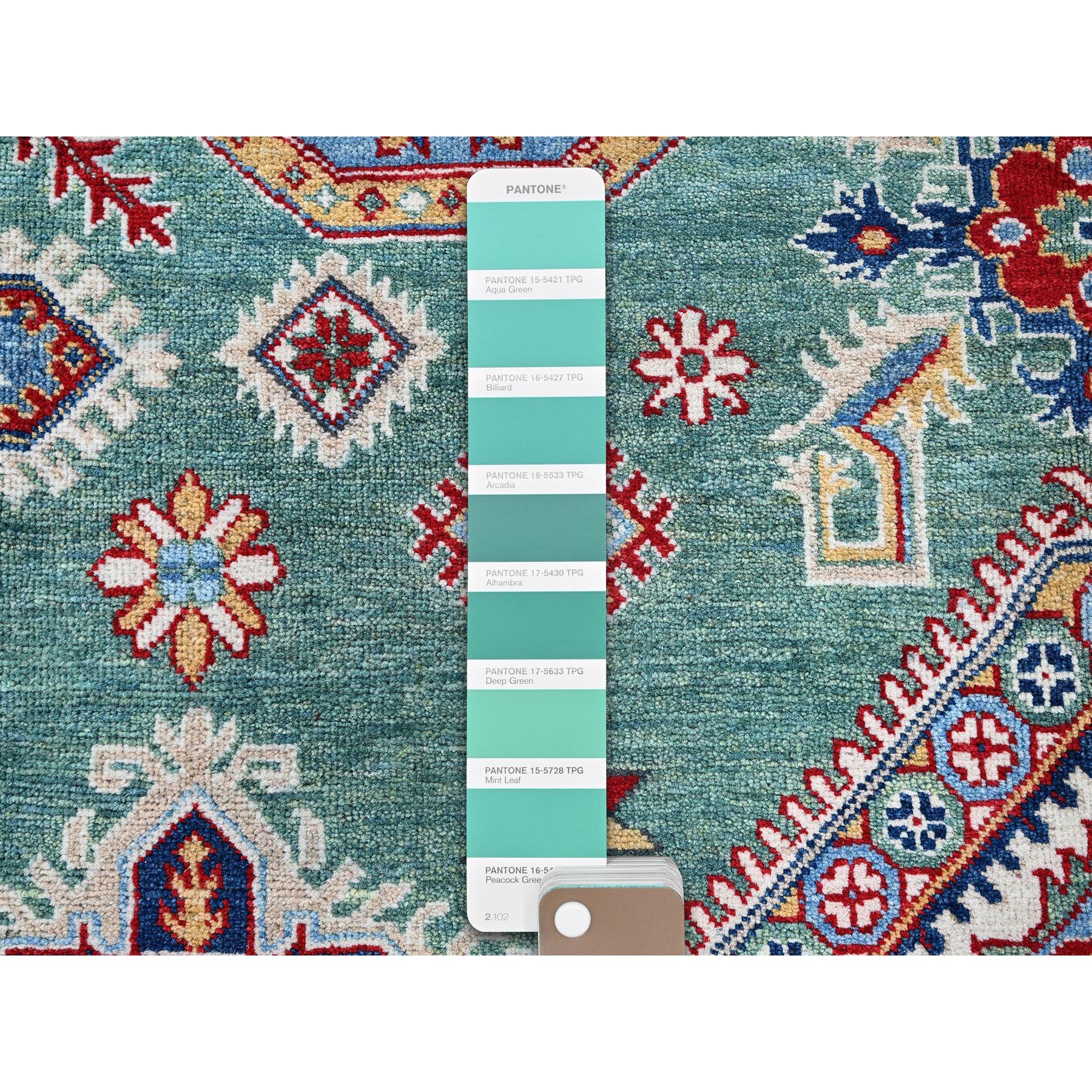 8'x9'7" Mint Green, Kazak with Geometric Pattern, Hand Knotted, Denser Weave, Soft and Velvety Wool, Vegetable Dyes, Oriental Rug Sh524