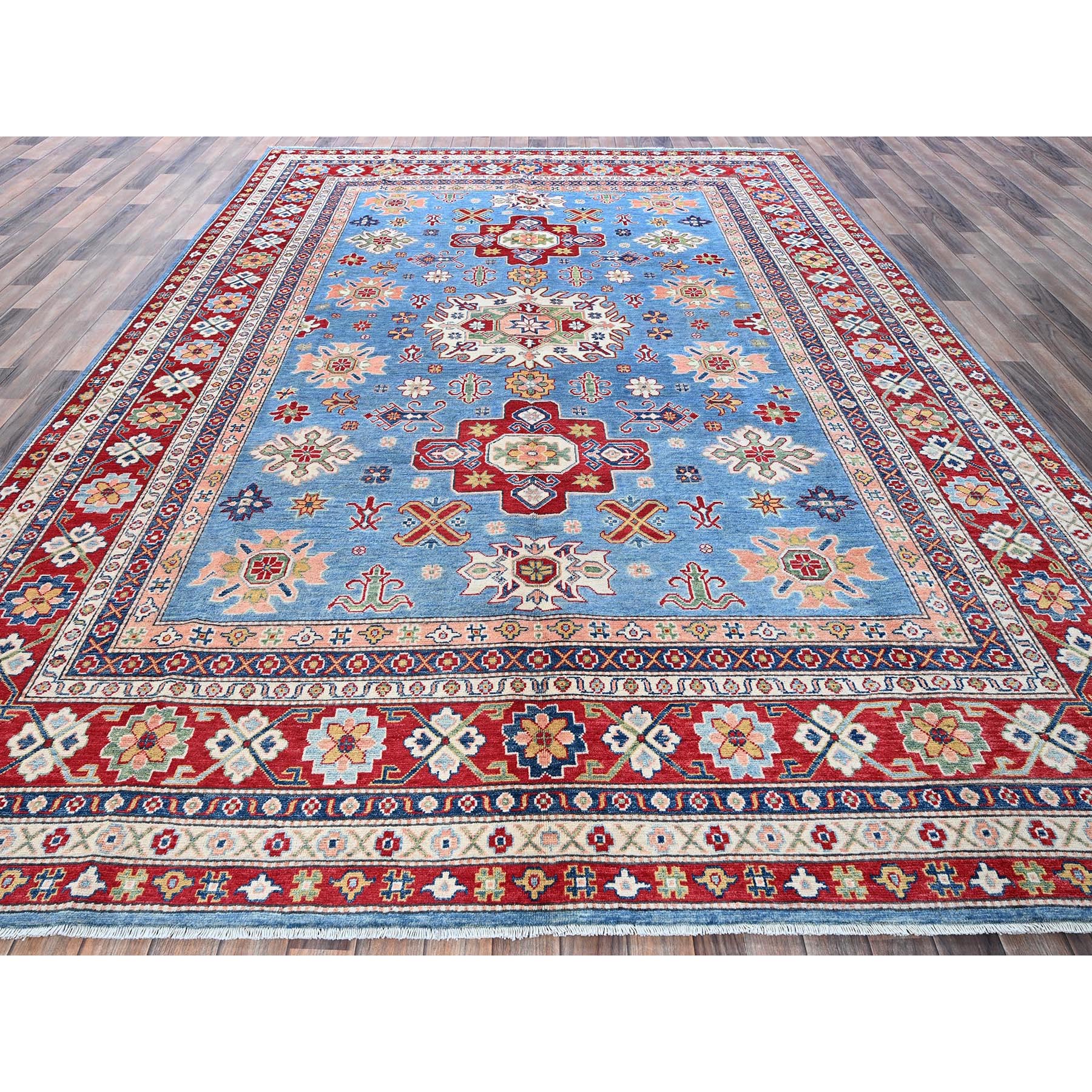 8'9"x12'1" Maya Blue, Kazak with Tribal Medallions Design, Hand Knotted, Soft and Shiny Wool, Denser Weave, Vegetable Dyes, Oriental Rug Sh525