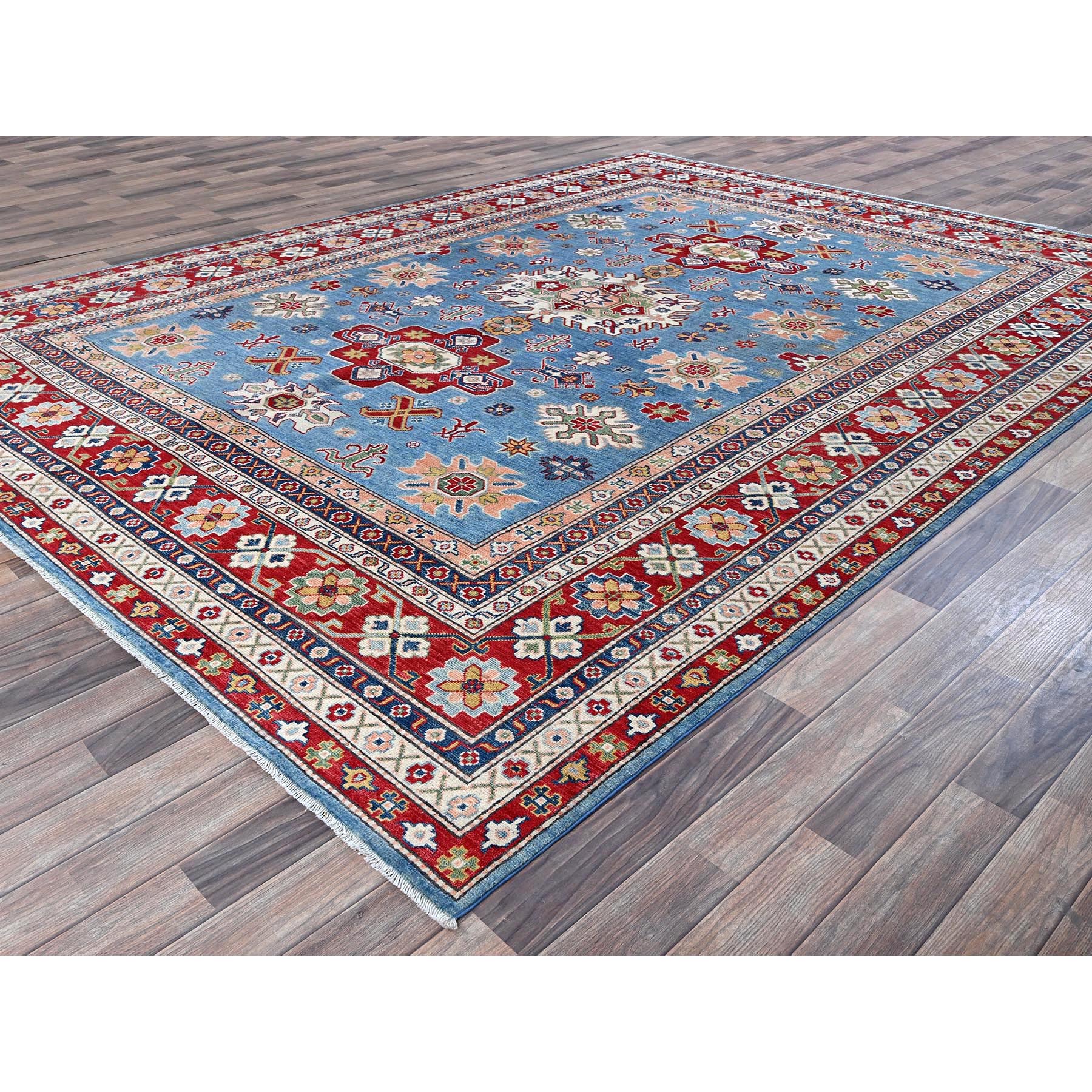 8'9"x12'1" Maya Blue, Kazak with Tribal Medallions Design, Hand Knotted, Soft and Shiny Wool, Denser Weave, Vegetable Dyes, Oriental Rug Sh525