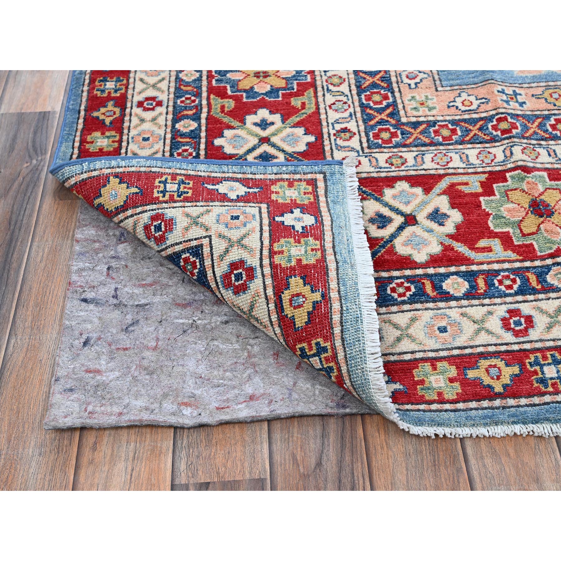 8'9"x12'1" Maya Blue, Kazak with Tribal Medallions Design, Hand Knotted, Soft and Shiny Wool, Denser Weave, Vegetable Dyes, Oriental Rug Sh525