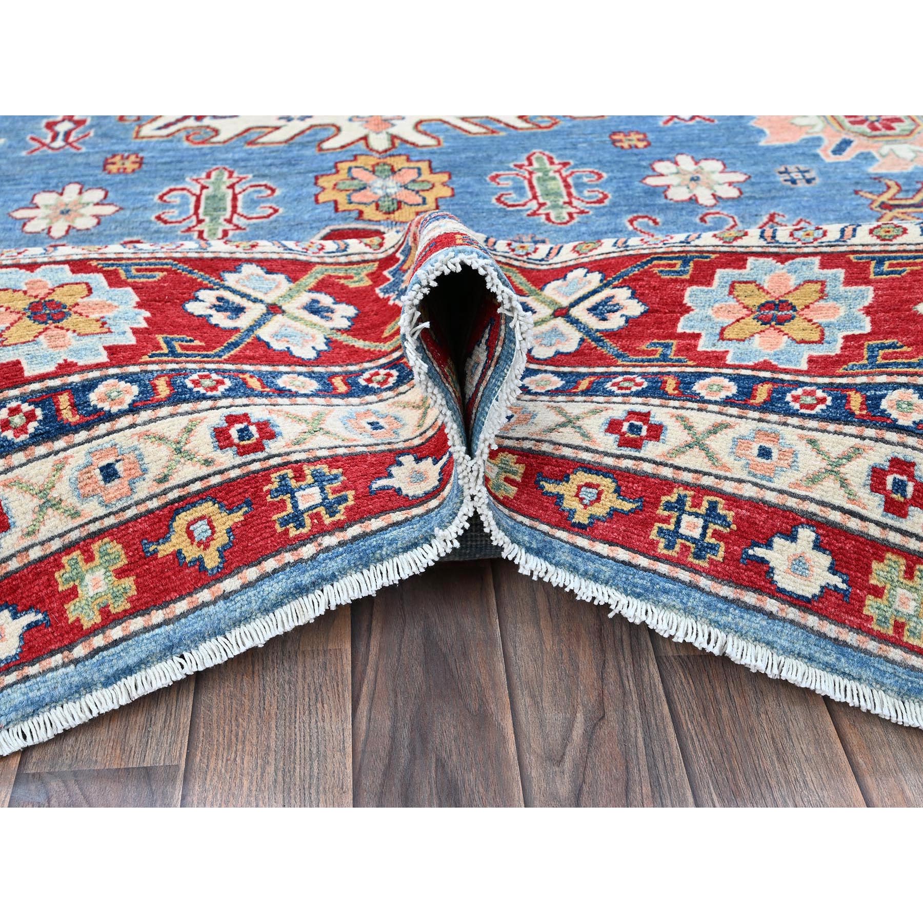 8'9"x12'1" Maya Blue, Kazak with Tribal Medallions Design, Hand Knotted, Soft and Shiny Wool, Denser Weave, Vegetable Dyes, Oriental Rug Sh525