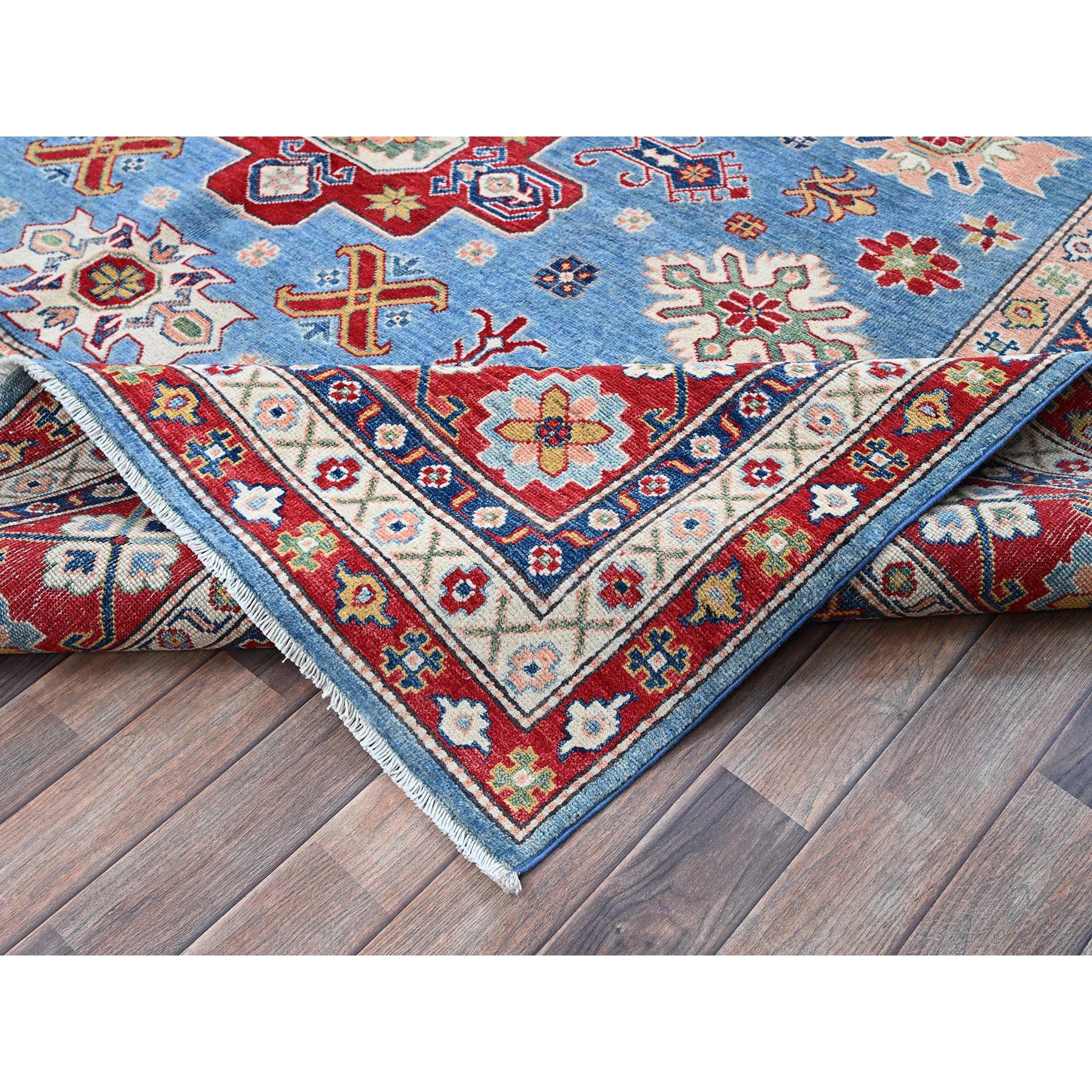 8'9"x12'1" Maya Blue, Kazak with Tribal Medallions Design, Hand Knotted, Soft and Shiny Wool, Denser Weave, Vegetable Dyes, Oriental Rug Sh525