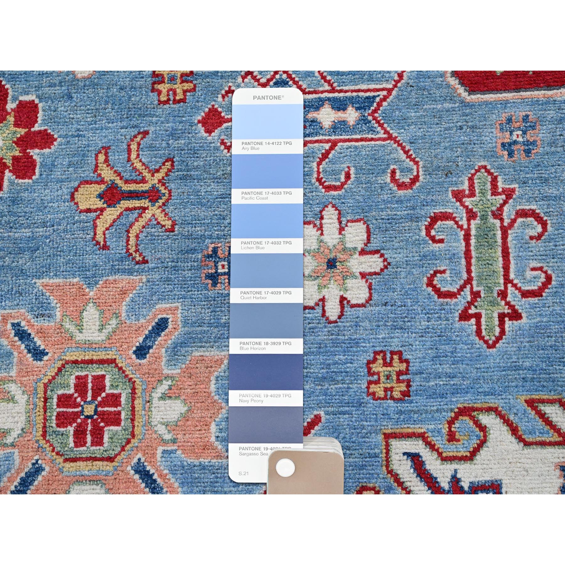 8'9"x12'1" Maya Blue, Kazak with Tribal Medallions Design, Hand Knotted, Soft and Shiny Wool, Denser Weave, Vegetable Dyes, Oriental Rug Sh525