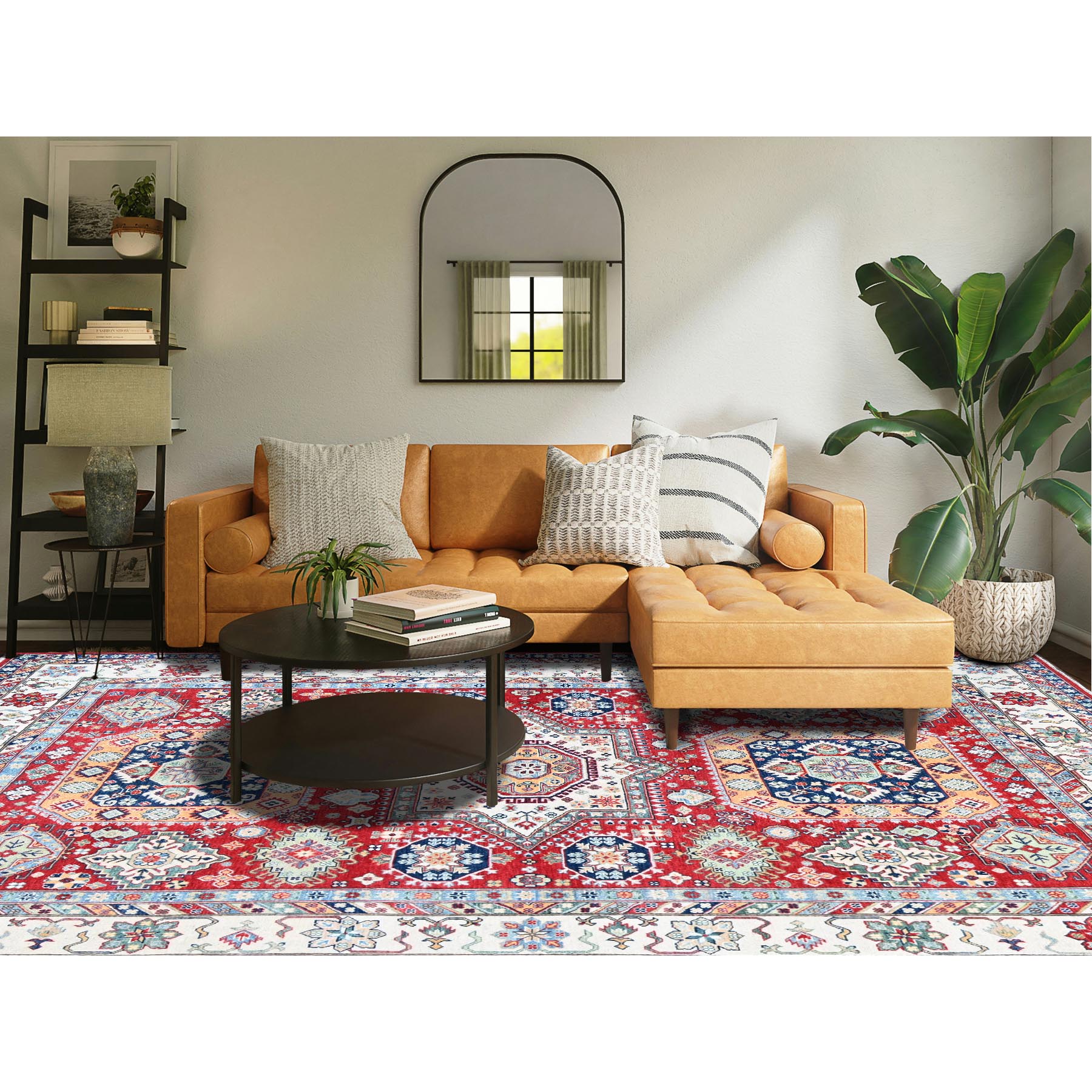 9'1"x11'9" Crimson Red, Kazak with Geometric Medallions Design, Denser Weave, Hand Knotted, Soft and Velvety Wool, Vegetable Dyes, Oriental Rug Sh526