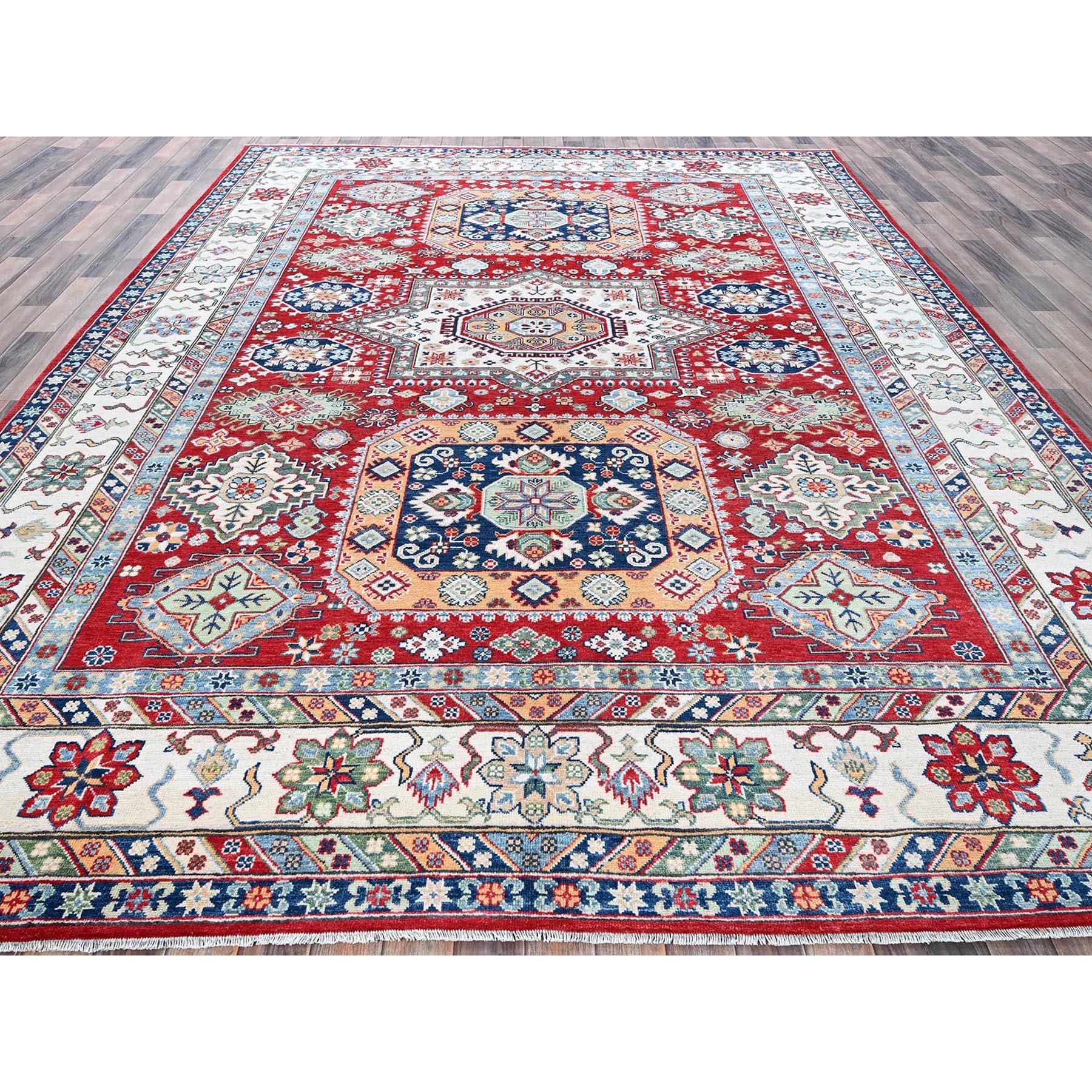 9'1"x11'9" Crimson Red, Kazak with Geometric Medallions Design, Denser Weave, Hand Knotted, Soft and Velvety Wool, Vegetable Dyes, Oriental Rug Sh526