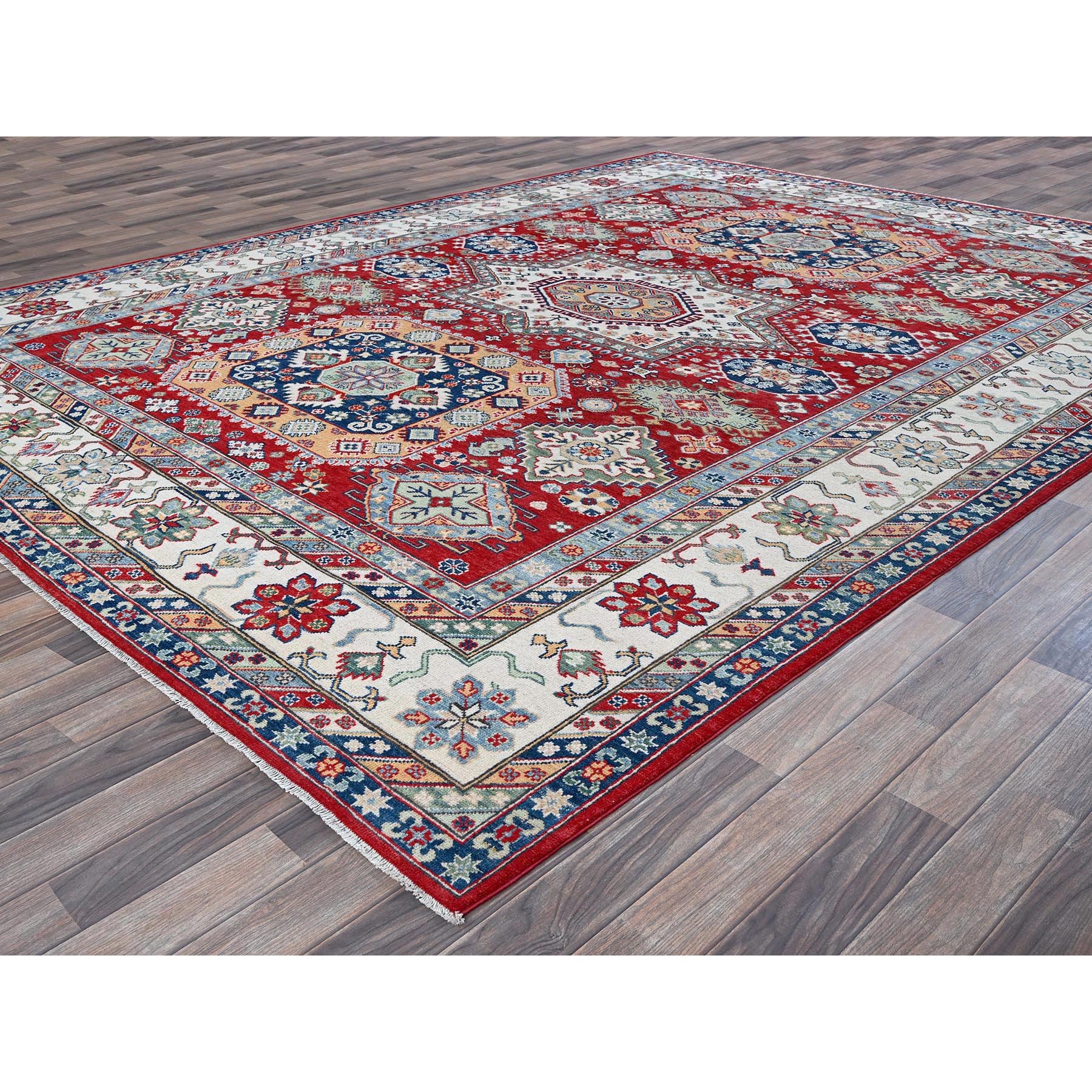 9'1"x11'9" Crimson Red, Kazak with Geometric Medallions Design, Denser Weave, Hand Knotted, Soft and Velvety Wool, Vegetable Dyes, Oriental Rug Sh526